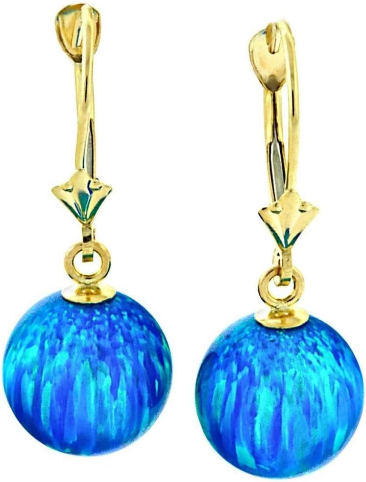 Trustmark 14k Yellow Gold 10mm Tropical Blue Created Opal Ball Lever Back Earrings, Oceans