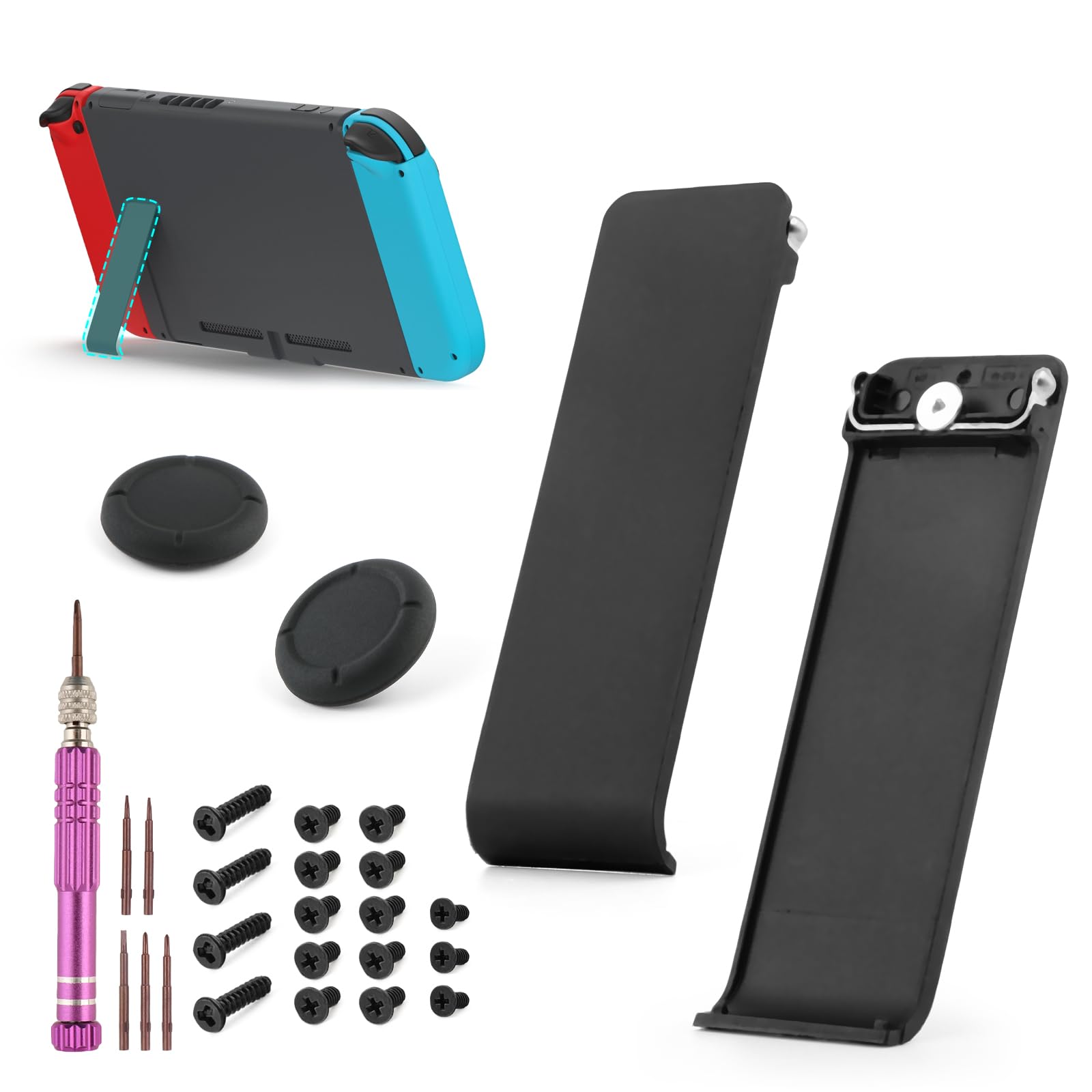 RongZy 2 Set of Replacement Kickstand for Nintendo Switch Stand Replacement Back Plate for Nintendo Switch Holder with Thumbstick Caps and Tools