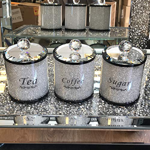 TOV® - Barattoli per tè, caffè e zucchero, riempiti di diamanti frantumati, bordi neri