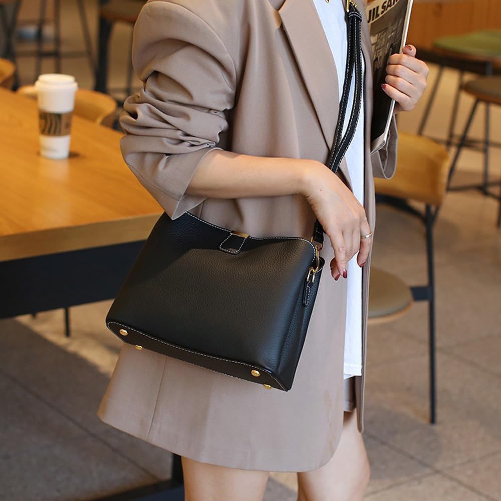 Leather Bucket Bag for Women, Soft Crossbody Top-handle Purse with 2 Style Adjustable Straps, Spacious Daily Handbag for Work - Image 3