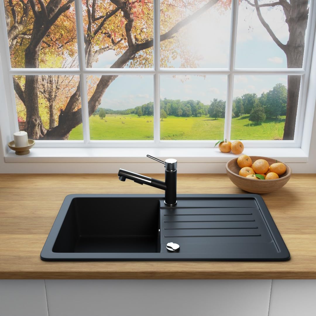 LINDBERGH® Granit Spüle + kompl. Siphon und Imprägnierung mit Abtropffläche, Einbauspüle Küchenspüle Spülbecken - Verbundstoffe MADE IN GERMANY (VEL44-760 x 440 mm (Schwarz))