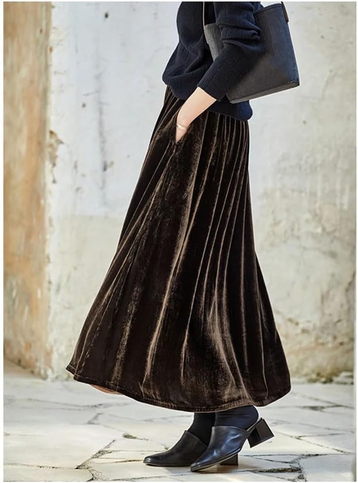 Women's Silk Velour High Waist Long Swing Midi Skirt Casual Solid A-Line Ankle Length Pull On Skirt4