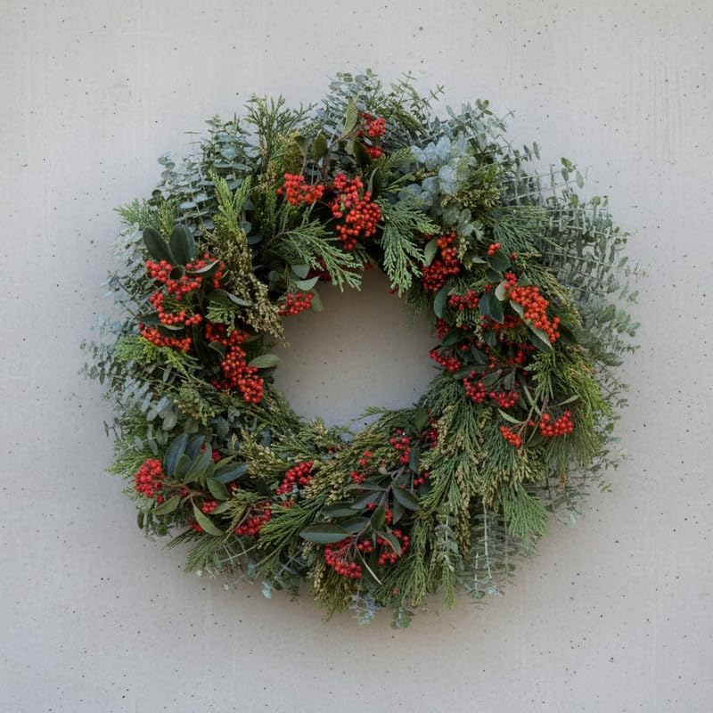 Fragrant Wreath Cedar & Berries 20" Fresh [Overnight Shipping Made in California] with Eucalyptus Buds for Front Door Natural Wreath Indoor Outdoor Farmhouse Festival Home Decor Events Wedding