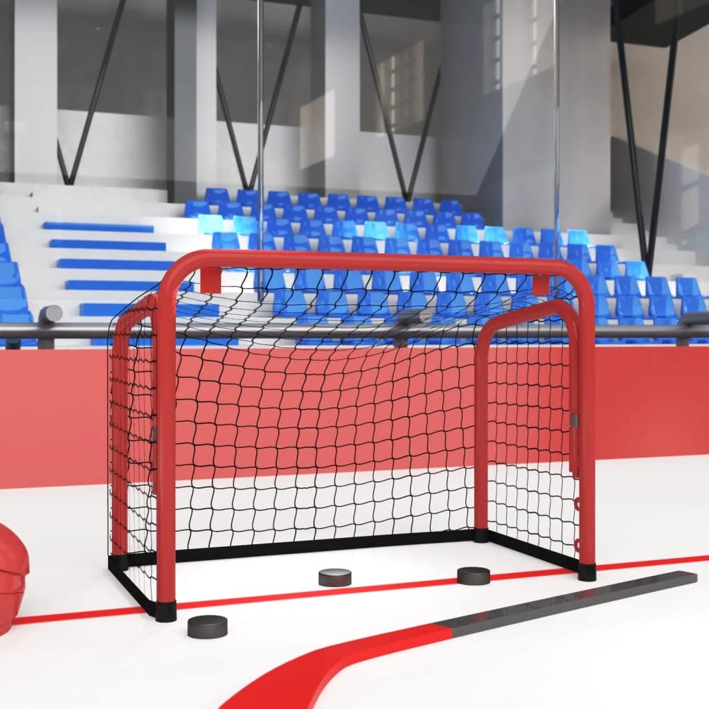 vidaXL But de hockey sur glace avec filet, filet d'entraînement de hockey pour adultes et enfants, filet d'entraînement de hockey pour cour, pelouse, acier et polyester - Rouge et noir