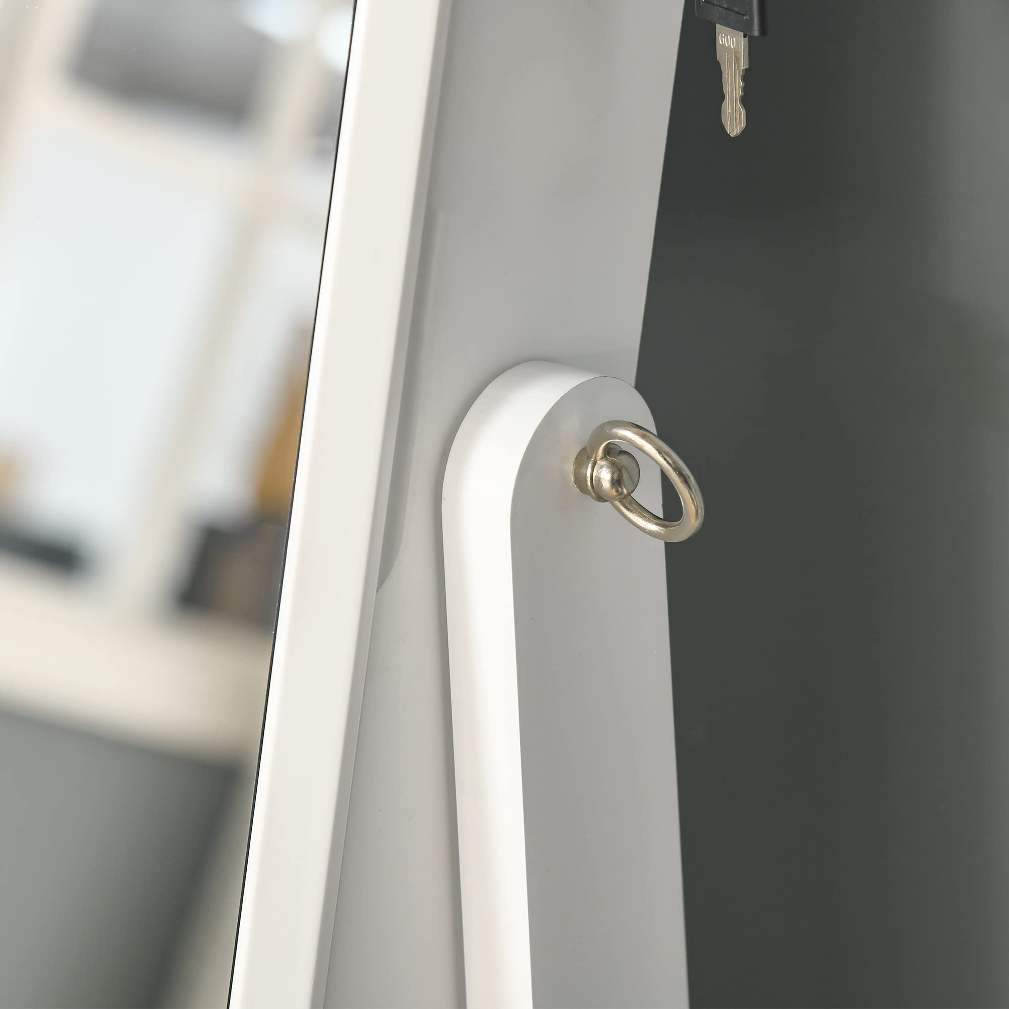 HOMCOM Armoire à Bijoux avec Miroir à Pied Multi-Rangement Inclinaison réglable Serrure dim. 46L x 36,5l x 151,5H cm en bois Blanc