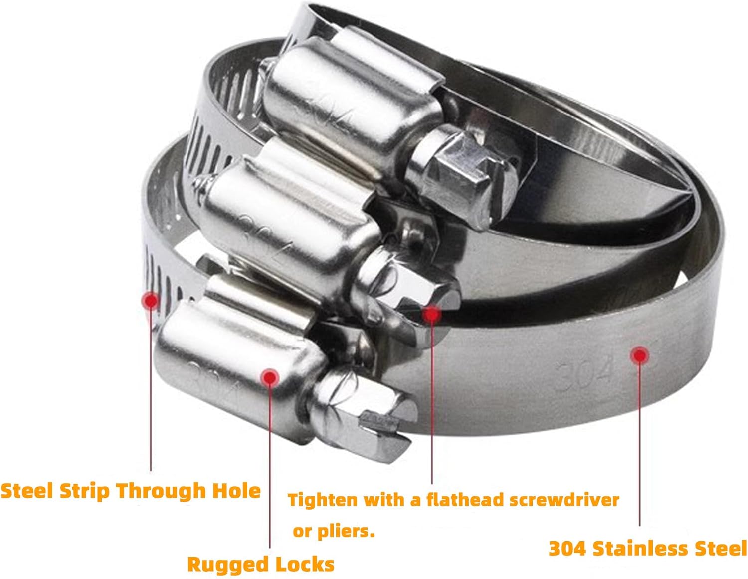 Hose Clamp Kit – 304 Stainless Steel Adjustable Pipe Hose Clamps, 60-Piece Kit with 2 Screw Tools, for Plumbing, Automotive and Mechanical