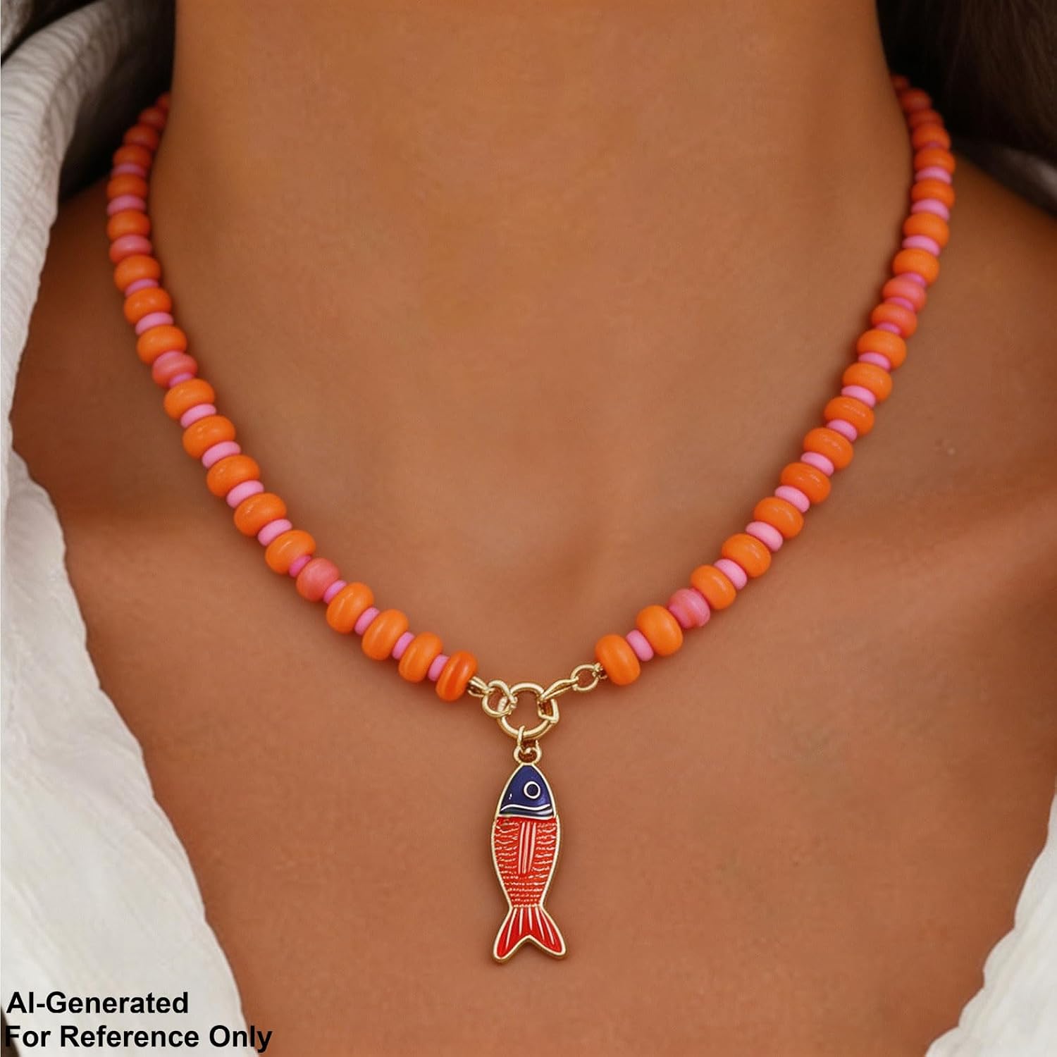 Colorful Beaded Fish Pendant Necklace for Women Red Chunky Beaded Choker Necklace Boho Fish Pendant Necklace Summer Beach Jewelry