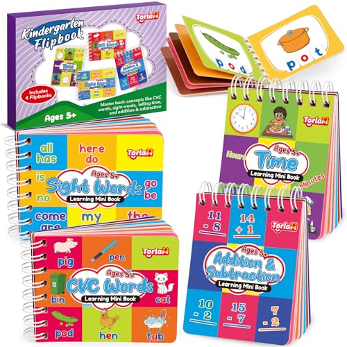 Torlam Kindergarten Learning Books, Sight Words CVC Word Games Addition Subtraction Math Facts Telling Time Teaching Learning Clock For Kids Flipbook, Educational Kindergarten Learning Activities