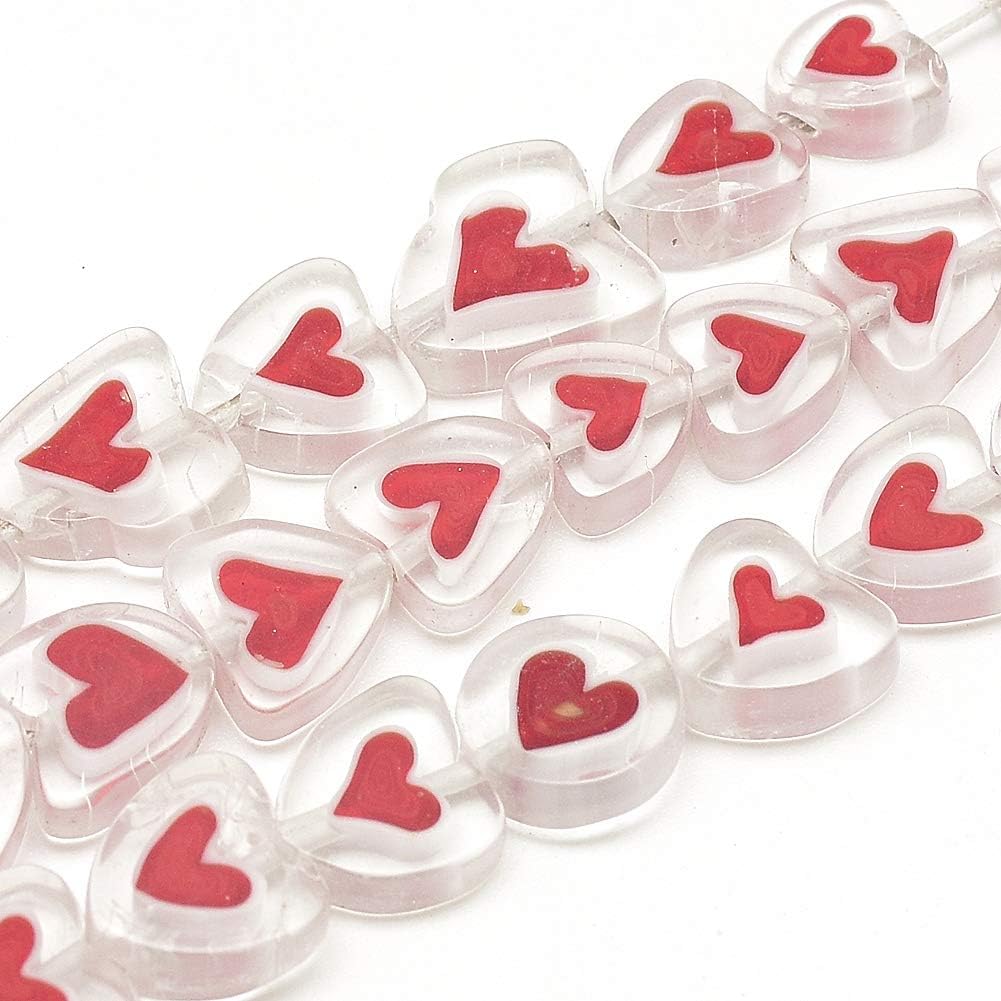 Craftdady Lampwork Glass Heart Beads 8-14x8-14mm Millefiori Red Heart Spacer Loose Bead with 1mm Hole for Jewelry Making, About 36pcs/Strand