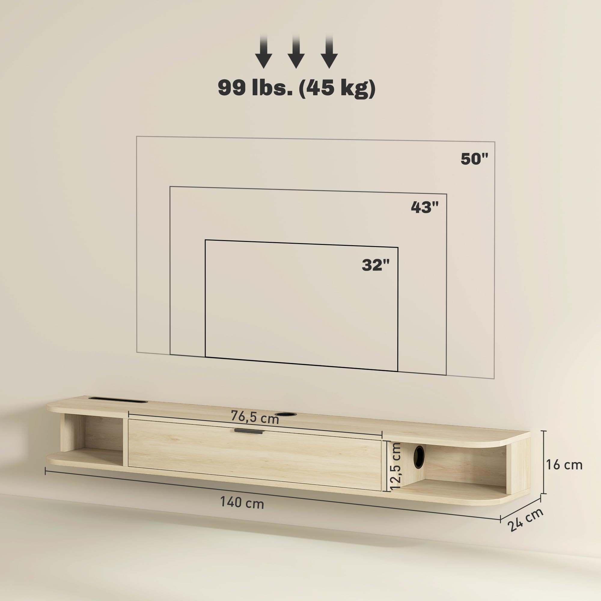 HOMCOM Mueble de TV Suspendido, Mueble de TV para Salón con Cajón Abatible, 2 Estantes Abiertos, Gestión de Cables, Estilo Moderno, para Televisión 60 Pulgadas, 140x24x16 cm, Madera Natural