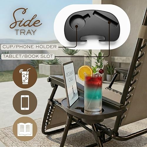 Miniatura 7 de Sillón ajustable de gravedad cero con tela de malla de acero: silla de césped reclinable con almohada cómoda, bandeja portavasos, y posiciones