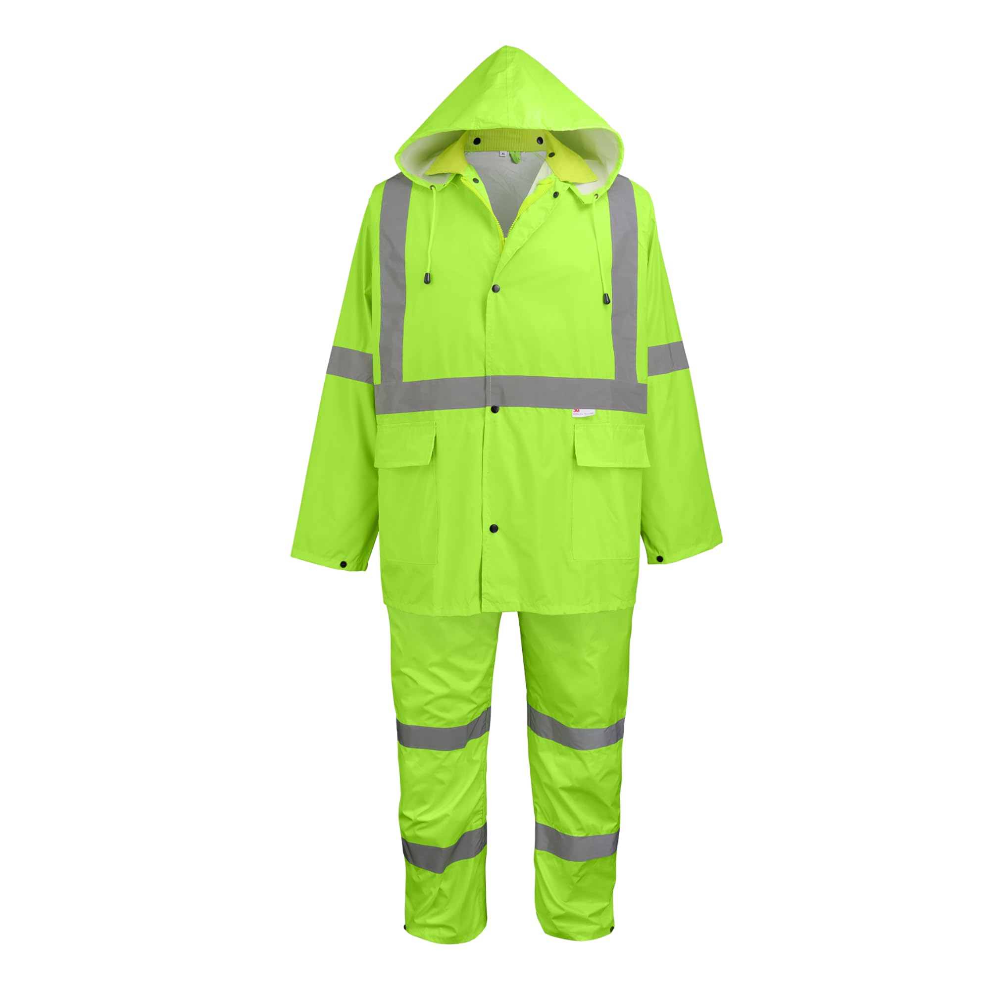 GGS Three-Piece Rain Suit - High Visibility, Waterproof Bibs and Jacket with Detachable Hood, Lightweight Rain Gear for Construction, Camping, Fishing, Hiking, Medium