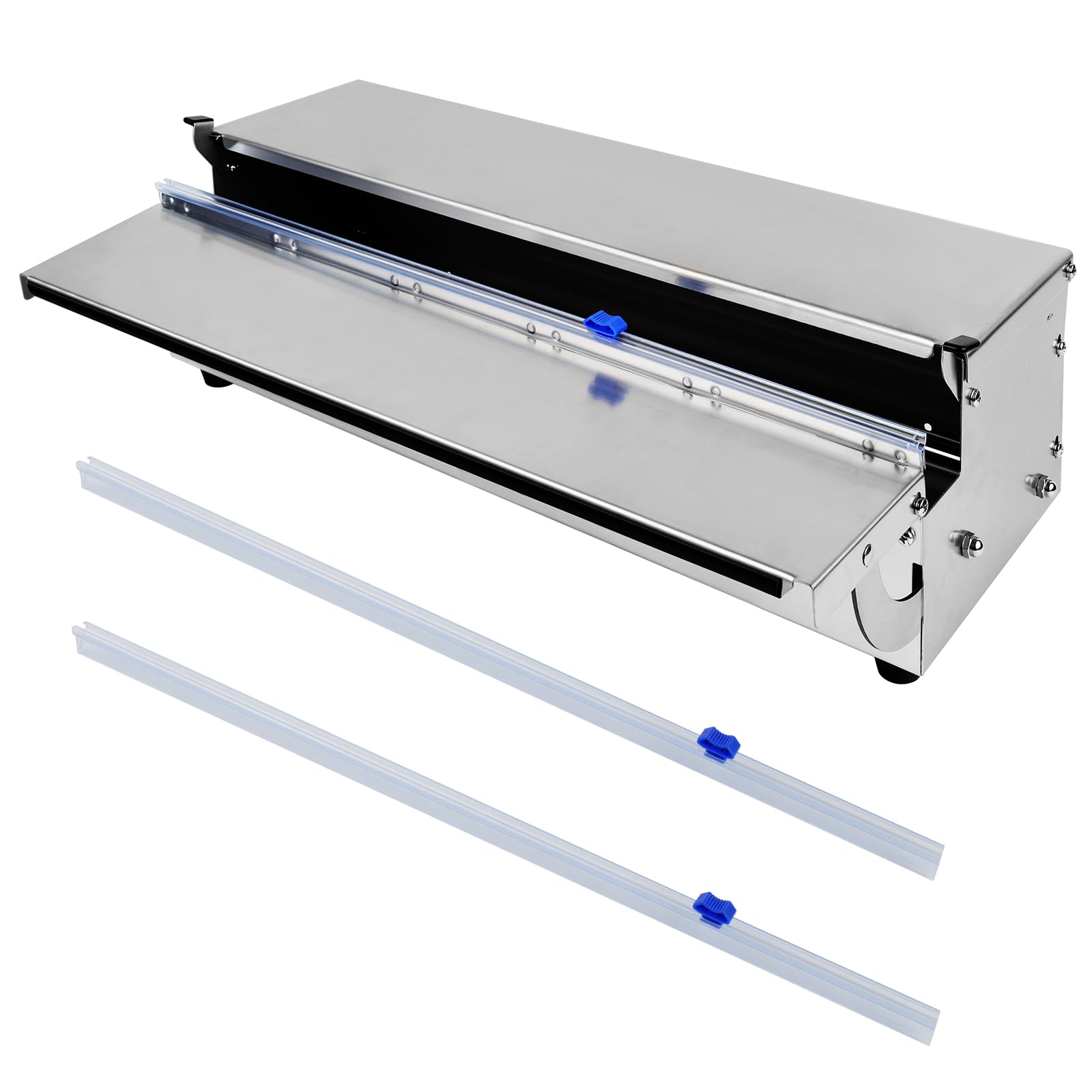 Edelstahl Folienspender für Frischhaltefolie & Alufolie, 45cm Frischhaltefolienspender, Plastic Wrap Dispenser mit Cutter, Hygienisch Staubdicht, Faltbar mit 2 Ersatzklingen