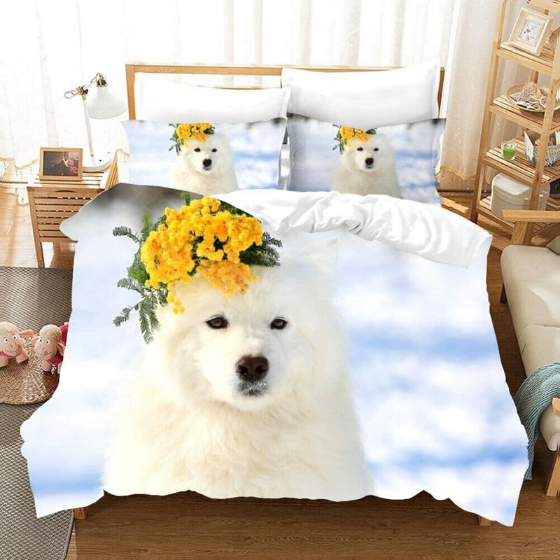 Housse de couette 140x200 motif Samoyède impression 3D relief en tissu microfibre ultra doux