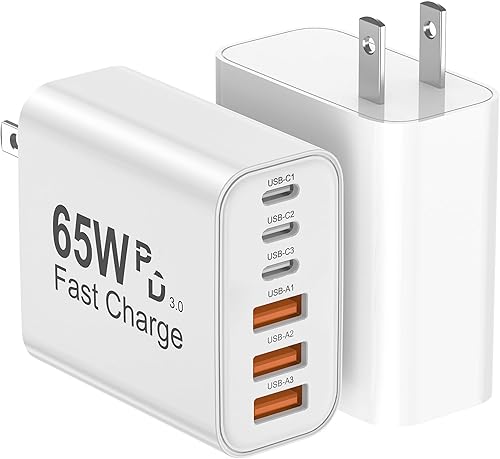 Bloque de cargador USB C, paquete de 2 cargadores de pared USB C de 65 W, 6 puertos, cargador para iPhone, adaptador de corriente PD de carga