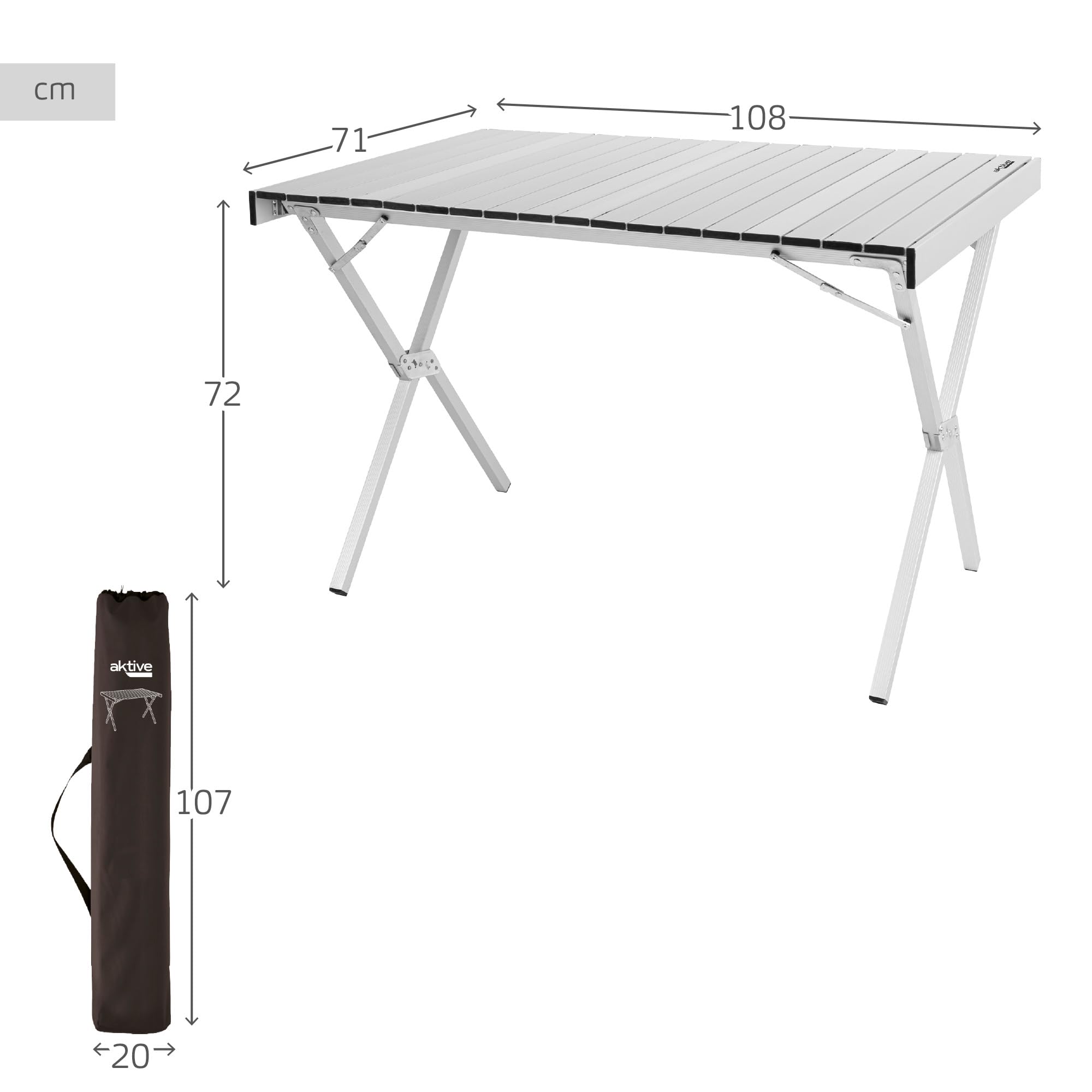 AKTIVE Mesa Plegable Camping, 108 x 71 x 72 cm, Topes Antideslizantes, Tablero y Estructura Aluminio, Soporta 30 kg, Plegado Compacto, Bolsa Transporte asa Hombro, Mesas Plegables (63050)