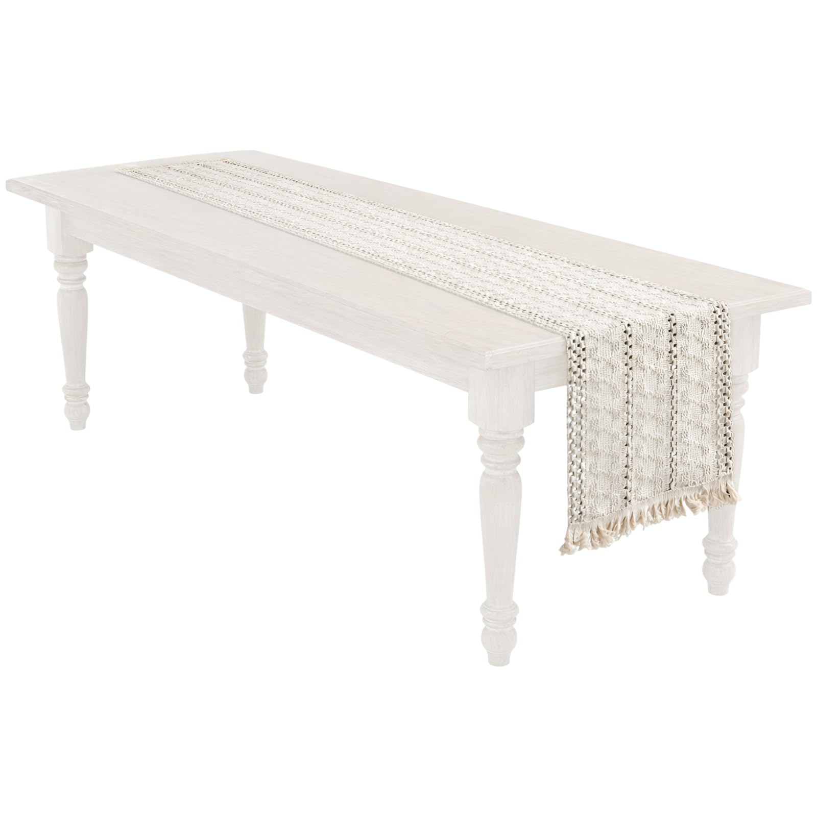 Tischläufer aus Baumwoll-Leinen, gewebter Tischläufer mit Quasten, gestreifter genähter Strickläufer, natürliche Creme-Deko für Küche, Esstisch und Esszimmer, neutraler Farmhouse-Boho-Stil