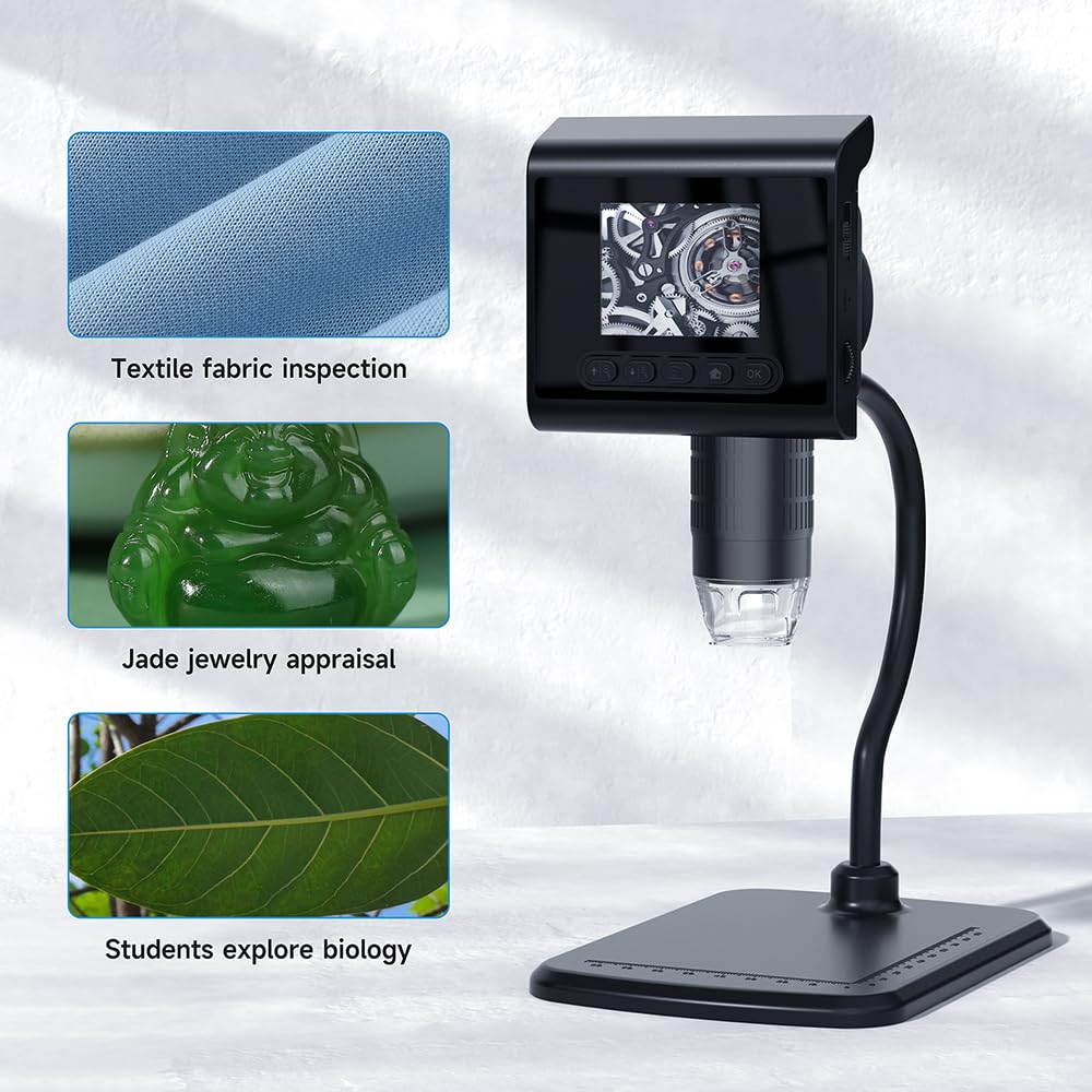HUIOP Mikroskop cyfrowy o wysokiej przejrzystości 1080P z 2,4-calowym kolorowym wyświetlaczem LCD, 1-1000x ciągły zoom, ekran obrotowy 180 stopni, 8 regulowanych diod LED, przechowywanie na karcie TF,