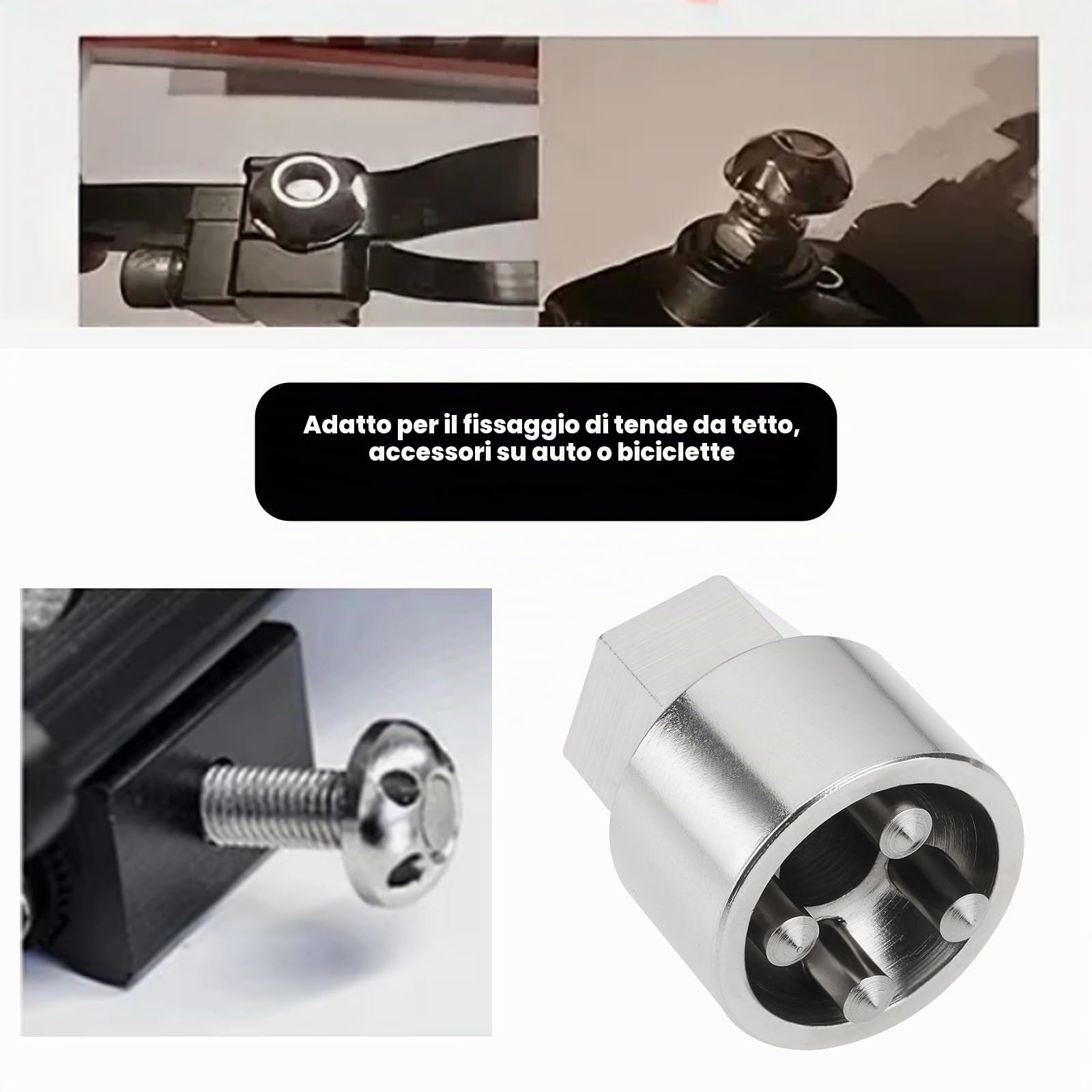 1 Set di dadi antifurto M8 a 4 fori, in acciaio inox, antifurto per tenda da tetto, portabici, impianto solare (4 dadi, 1 lucchetto) argento