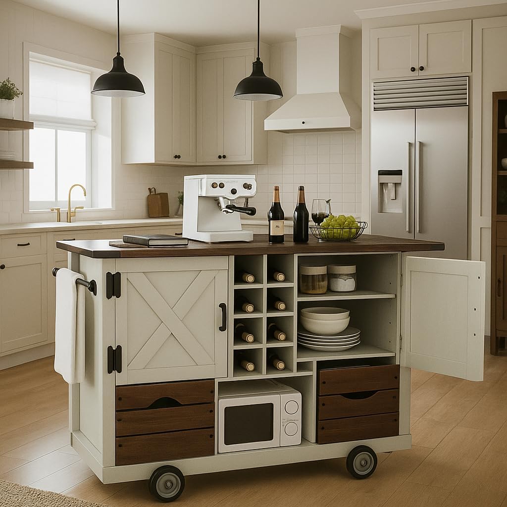 K&K 54" Farmhouse Kitchen Island with Drop Leaf, Power Outlet, Kitchen Storage Cart with 2 Doors, 2 Drawers, Rolling Kitchen Island on 4 Large Wheels with Spice Rack for Kitchen, Dining Room, White