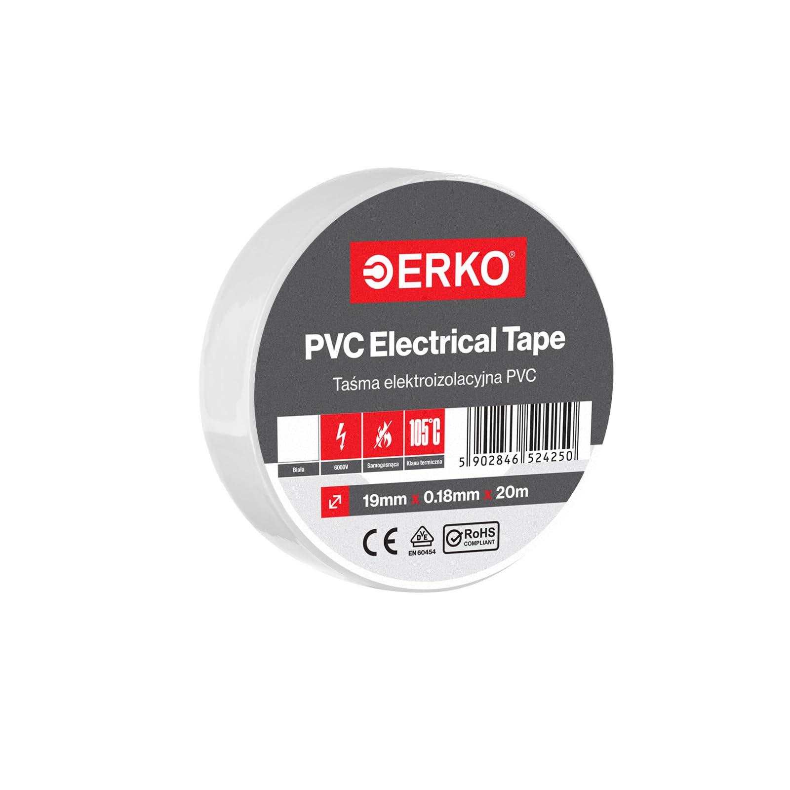 ERKO Electrical Insulation Tape PVC 3/4in x 66ft, White