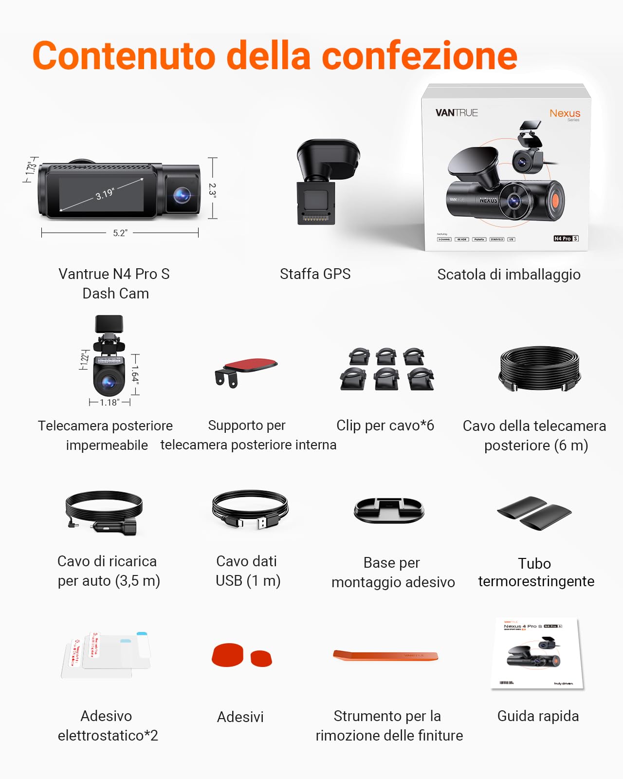 VANTRUE N4 Pro S Dash Cam Auto 4K +1080P+2.7K, STARVIS 2 Telecamera per auto, Modalità Parcheggio 24H, HDR 5GHz WiFi e GPS Dashcam Fronte Retro, Super Visione Notturna, LTE Remoto Opzionale, Max 1TB