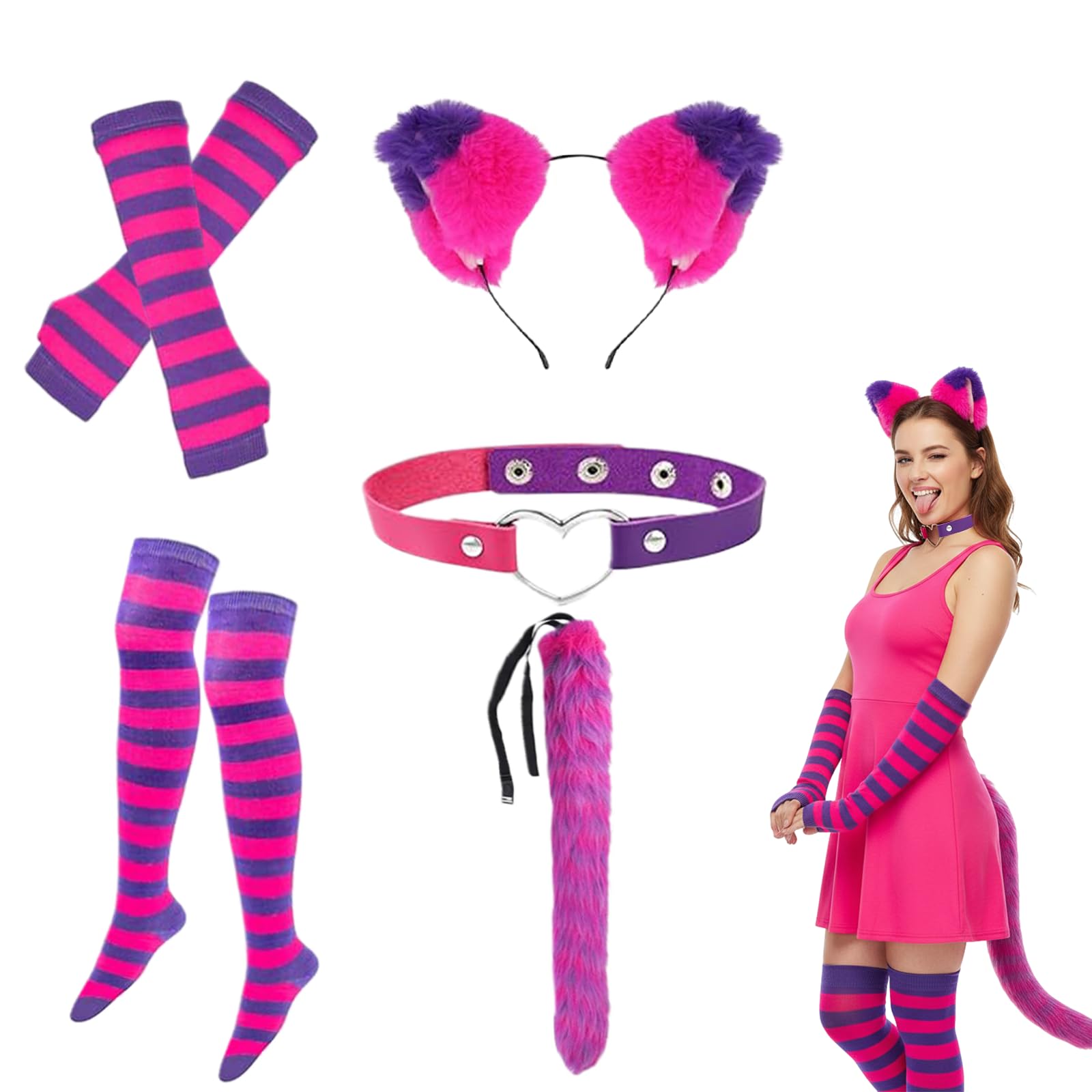 Werownsgso 7 PCS Pink Purple Striped Cat Costume With Striped Gloves Leg Warmers Cat Ears Necklace And Tail Suitable For Halloween Carnival And Role Playing Accessories