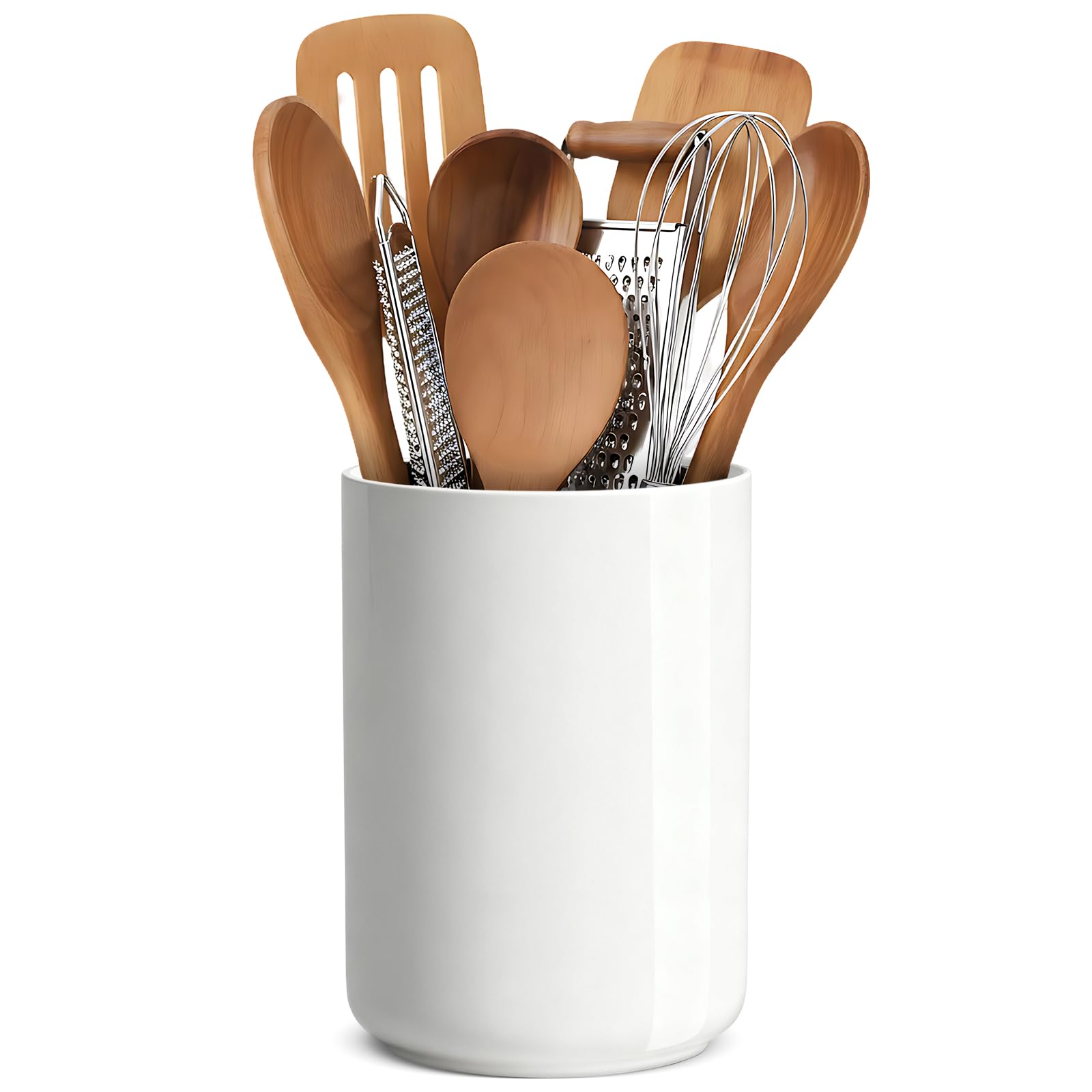 Ptrin Utensil Holder, H16xD12cm Ceramic Kitchen Utensils Holder,Large Cooking Utensil Pots for Kitchen Counter, Morden Utensil Organizer,(Pure White)