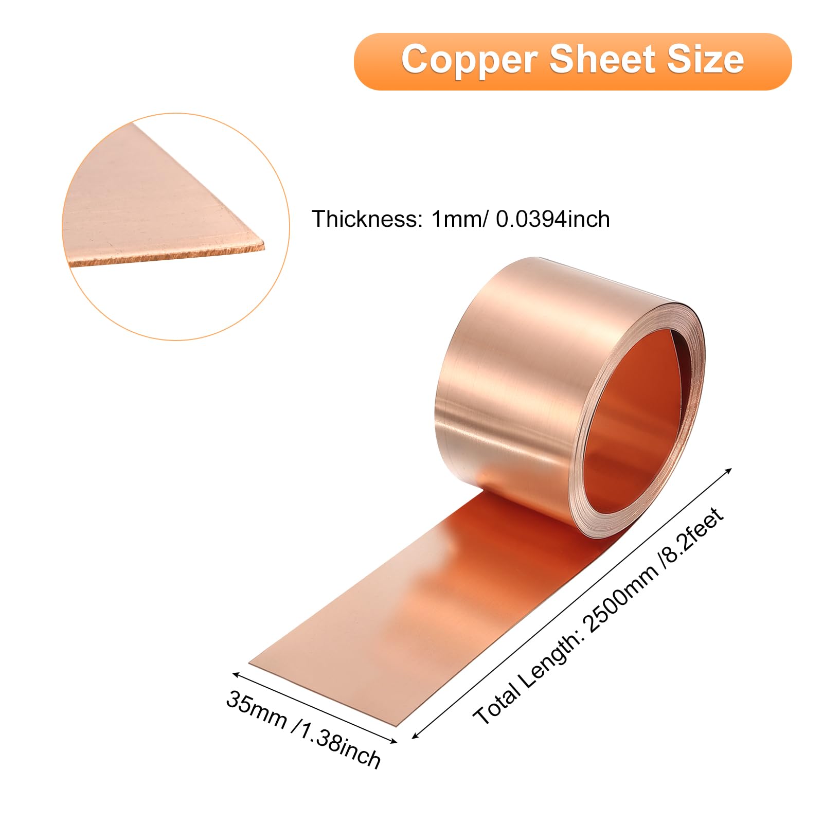 sourcing map Kupferblech-Rolle, 2500 mm x 35 mm x 1 mm, 38 Gauge, 99,9 % reines Kupfer, blinkende Metallfolienplatte für Elektrizität, DIY-Projekte (mehrere Größen)