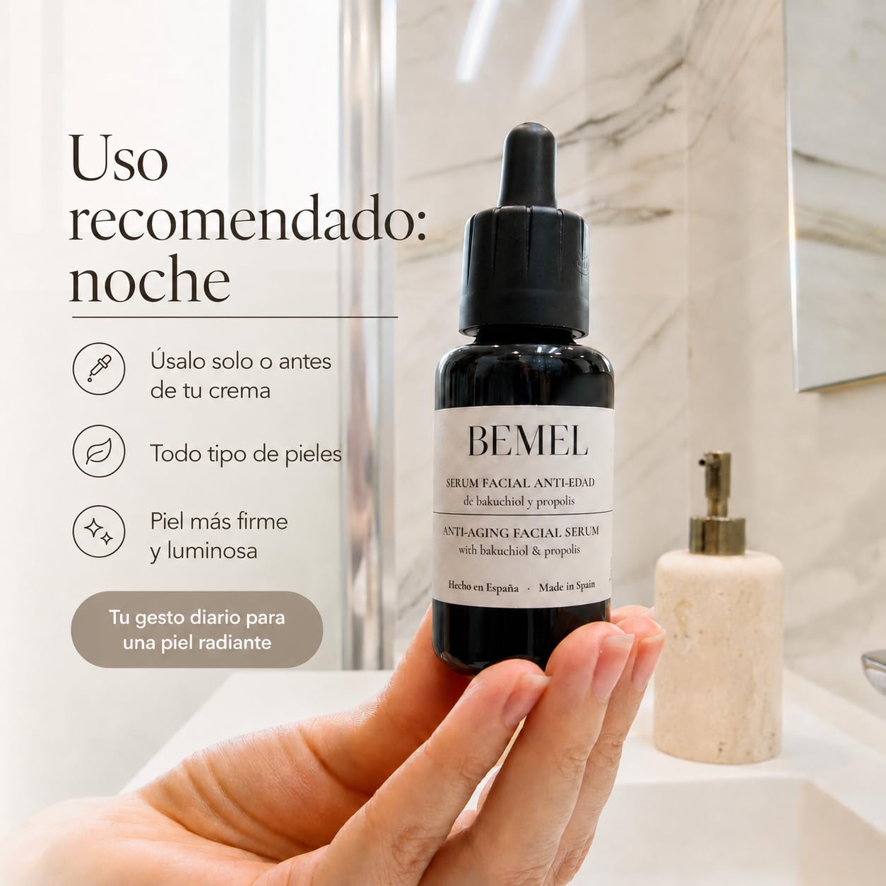 BEMEL Serum Antiarrugas Facial, Día y Noche, Bakuchiol, Propolis - Trabaja Arrugas, Manchas, Firmeza, Elasticidad, Luminosidad, Nutre Piel Seca Grasa Mixta Hombre Mujer Ecológica 30ml