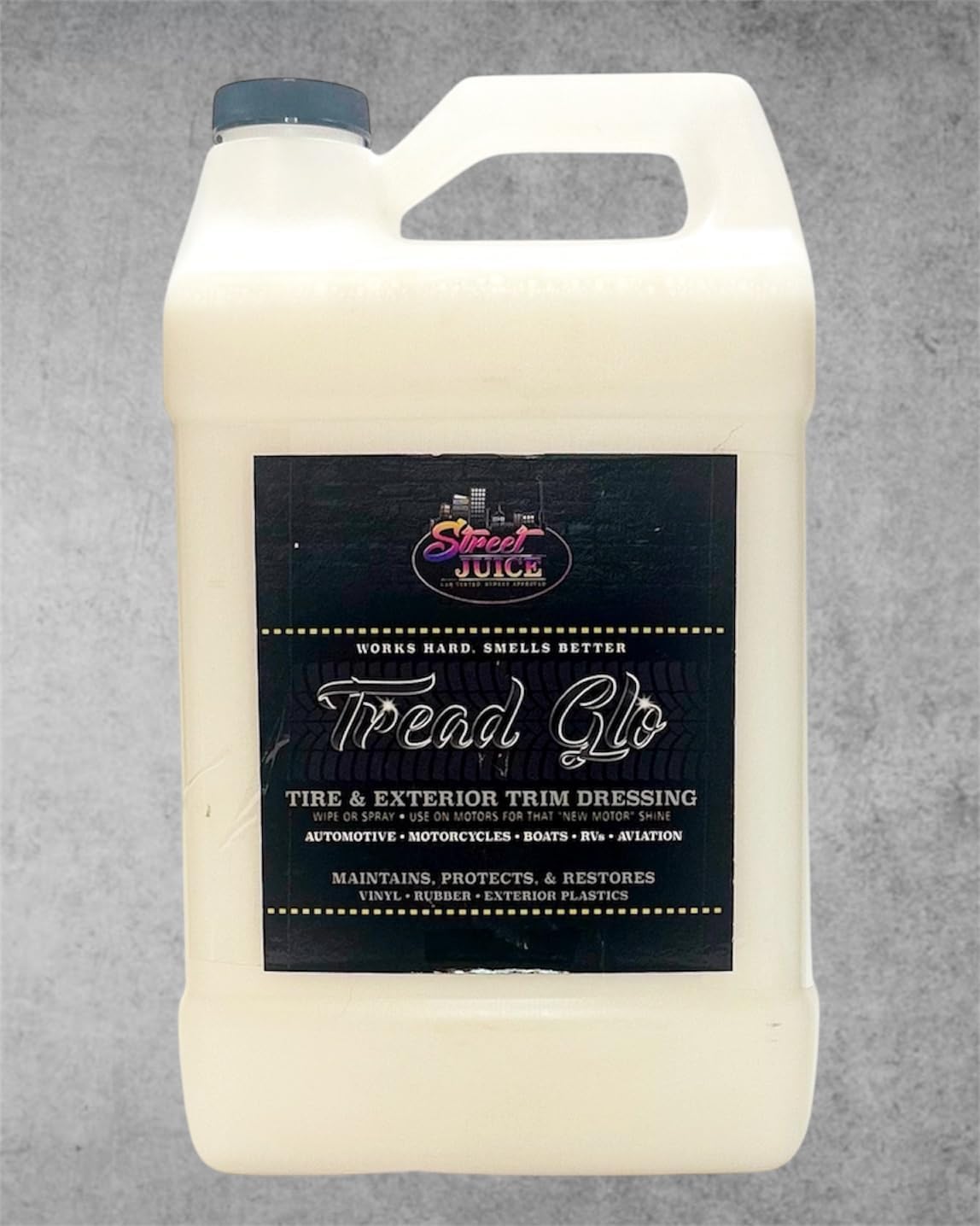 Tread Glo TG-1 Tire and Exterior Trim Dressing Long Lasting Super Shine Dressing for Tires, Rubber, Plastic, Trim and More Safe for Cars, Trucks, SUVs, RVs & More 1 Gallon