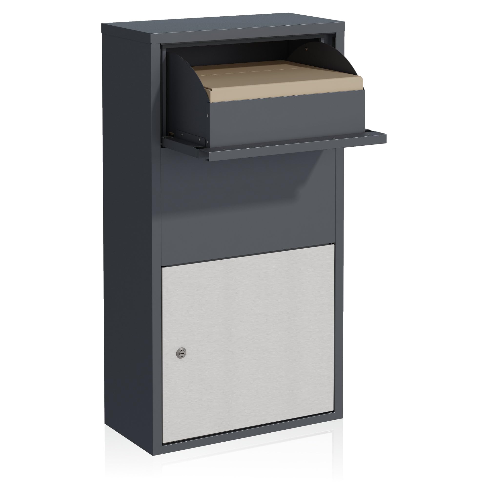 Zelsius Briefkasten mit Paketfach | Edelstahl, Anthrazit RAL 7016 | pulverbeschichteter Stahl | integrierte Rückholsperre | Wandmontage, Bodenmontage | Paketbriefkasten, Paketbox, Parcel Box