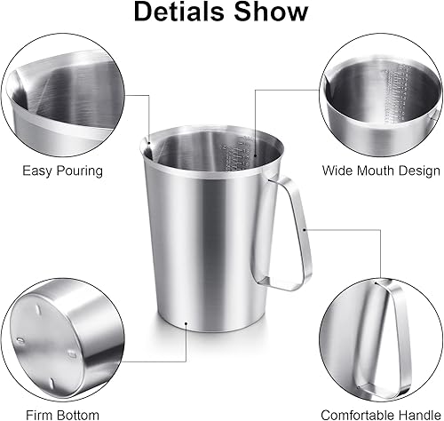 Miniatura 2 de Flutesan 3 tazas medidoras de acero inoxidable con mango con marcas para arte latte, verter agua de 2/4/8 tazas (16/32/64 onzas)