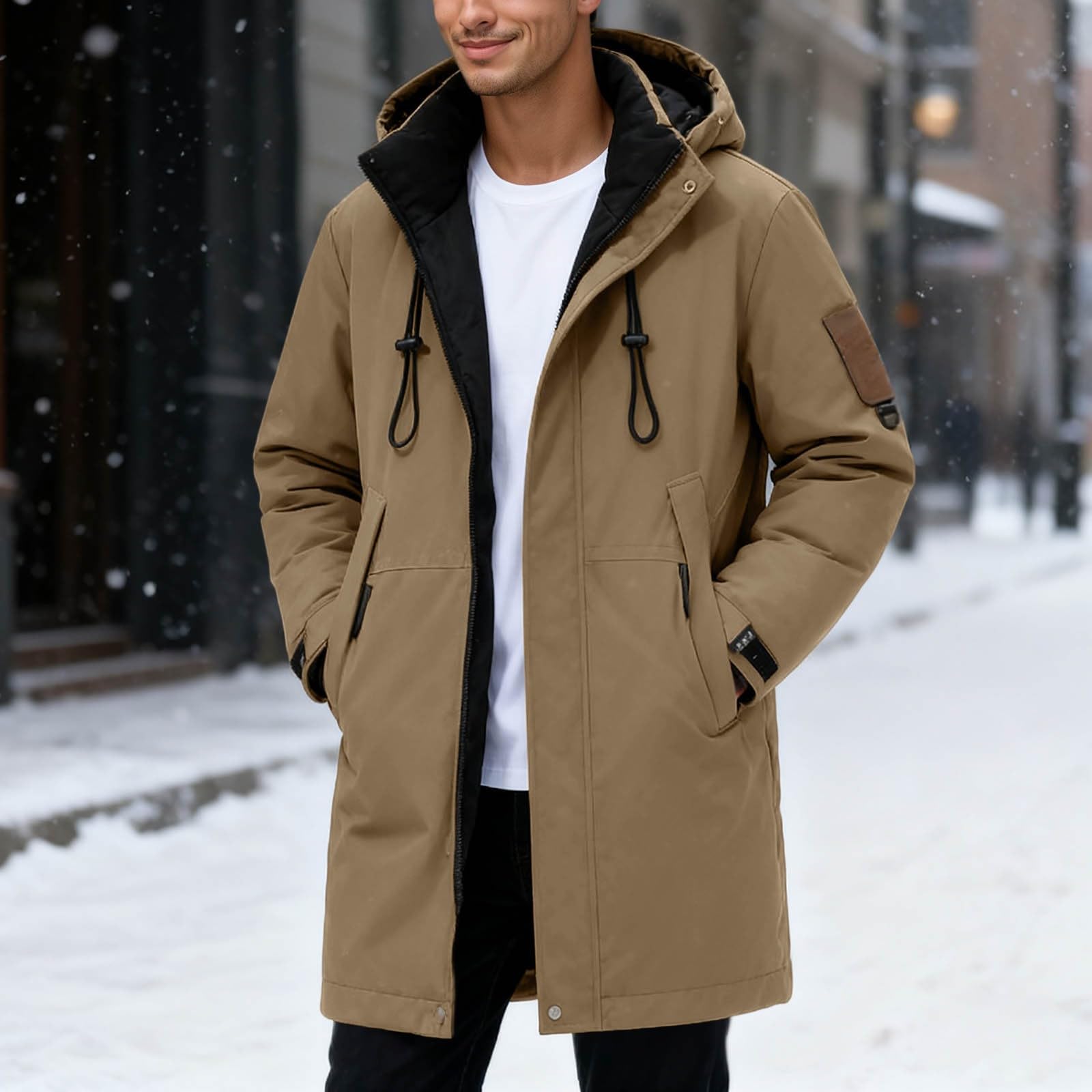 Generisch Chaqueta larga de plumón para hombre con capucha, abrigo de plumón grueso, impermeable, a prueba de viento, con capucha, parka larga, chaqueta de longitud media, cortavientos