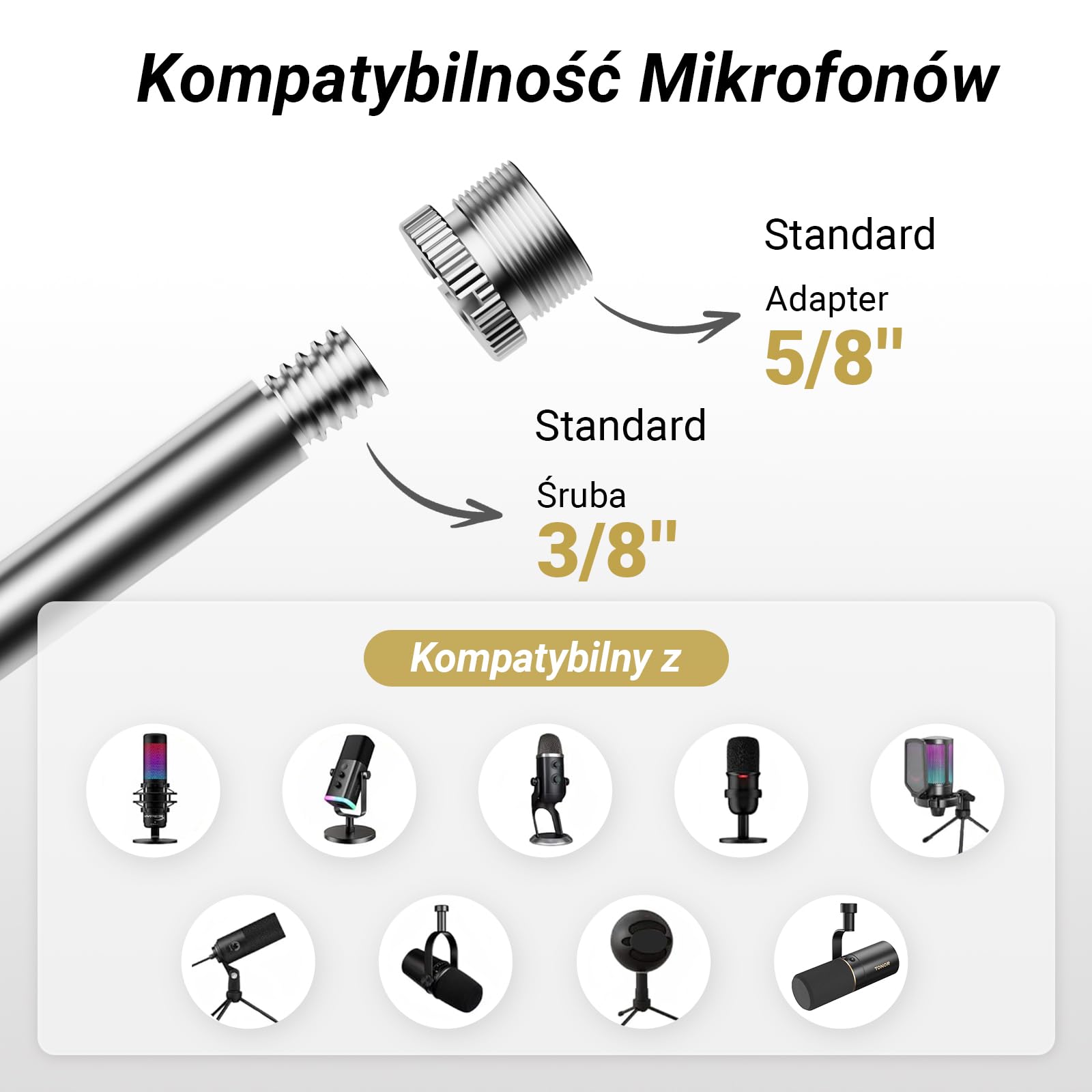 TONOR Stojak Wysięgnik Mikrofonu, Niskoprofilowy Statyw Mikrofonowy Premium do Nagrywania Podcastów dla Graczy, w Pełni Regulowany, Obracany o 360 °, składany o 90 °, T20LP, Biały