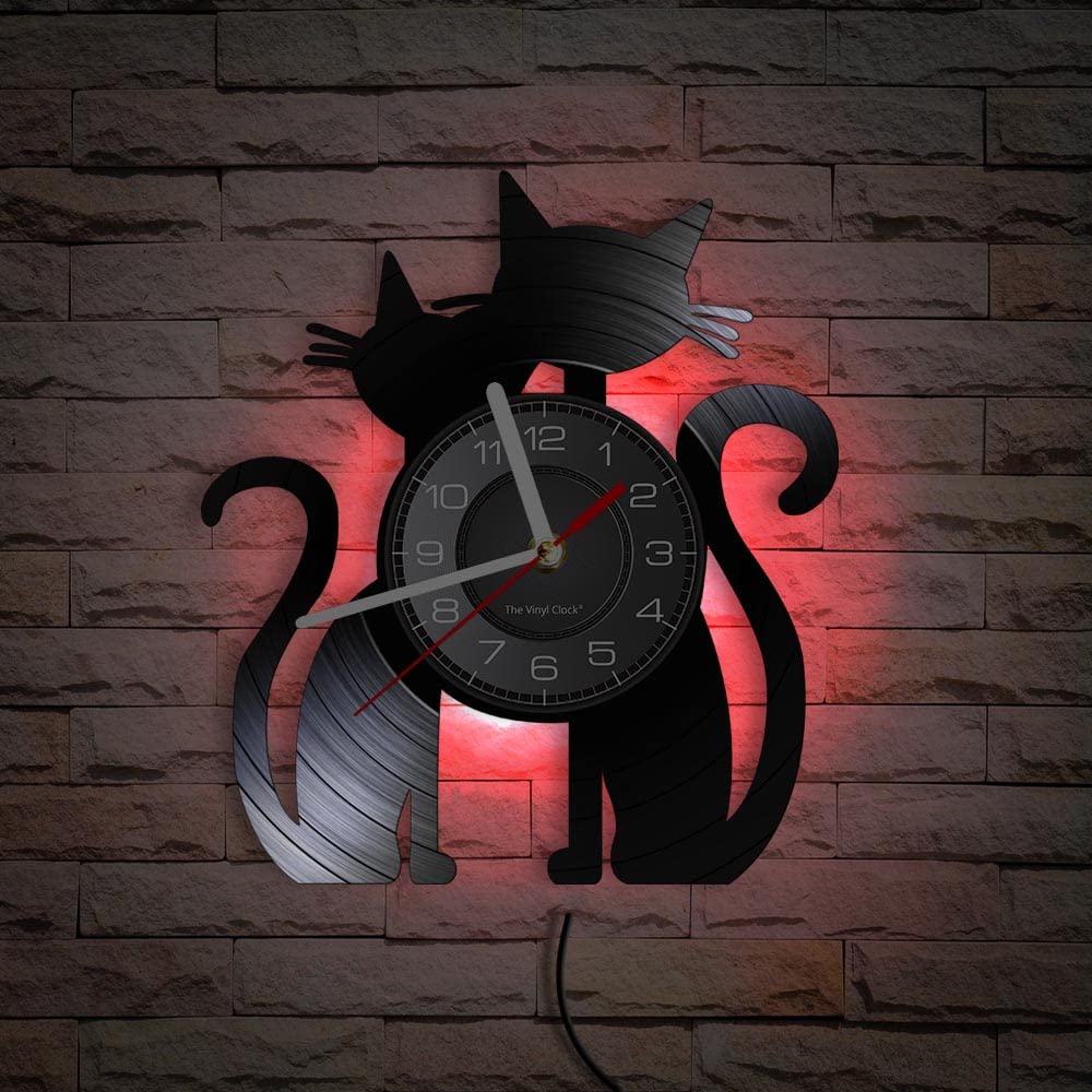 Orologio Da Parete A Forma Di Gatto In Vinile - 30x30cm, Con Luci LED Notte A Colori, Movimento Silenzioso, Nero