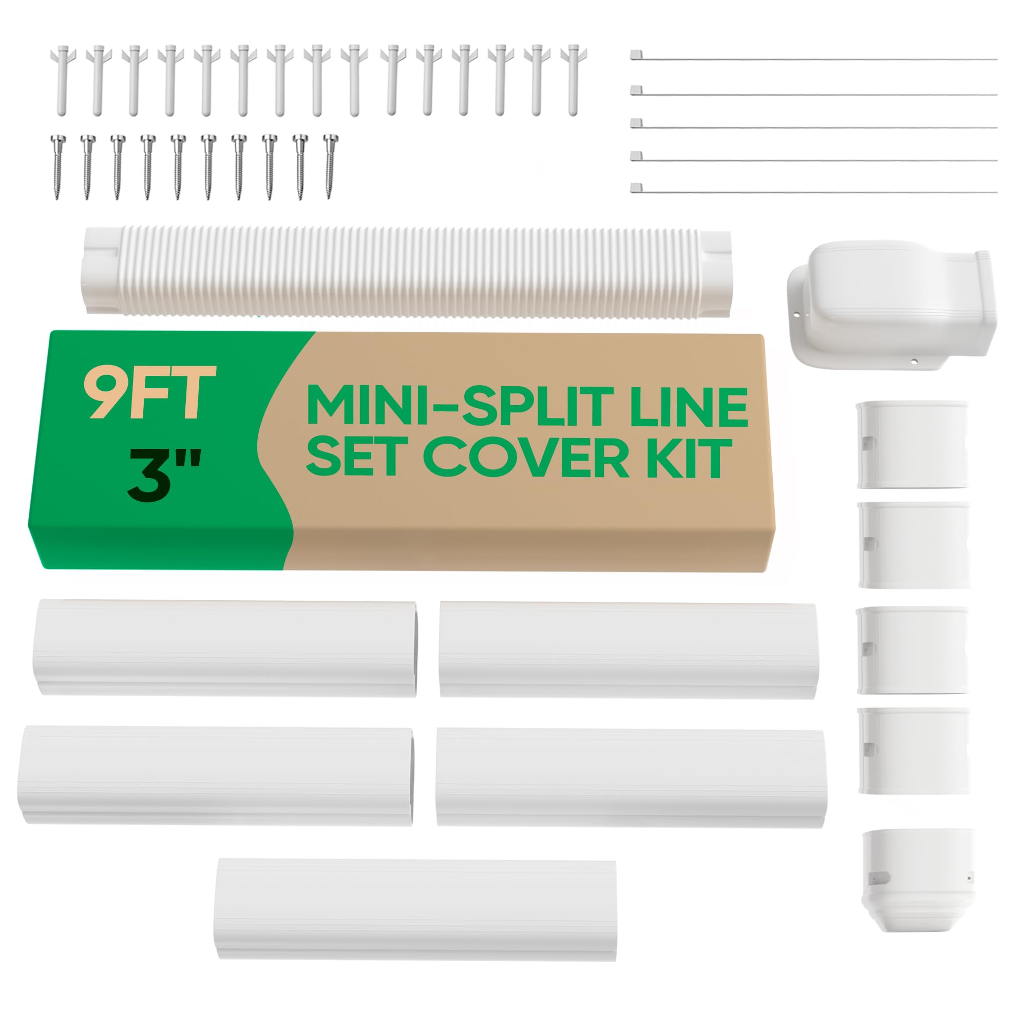 3"" 9Ft Mini Split Line Set Cover, PVC Ductless Air Conditioner Decorative Pipe, Pump Covers, AC Line Cover Kit, for Outside Units Air Conditioners & Heat Pumps, All In One Set, 3inch