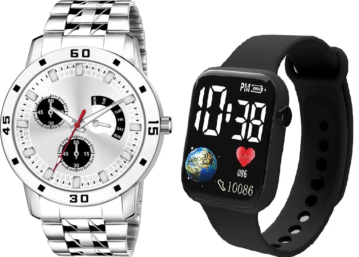 SELLORIA Premium Brand Trending Style Royal Looking Unisex Analog Digital Combo Good Return Gift for Boys Analog with Digital Watch for Men Stainless Steel Watch for Boys Pack of 2 (Silver) (B0CD7GHW2Z) Amazon Price History, Amazon Price Tracker