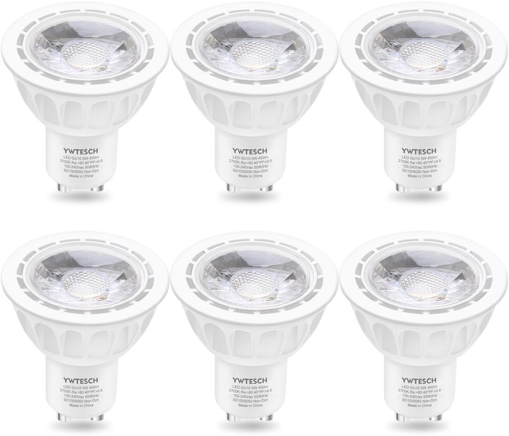 GU10 LED Bulbs YWTESCH 50W Halogen Bulbs Equivalent, 5W, 420 Lumen, Warm White 2700K,40°Beam Angle, MR16 GU10 Base Non-Dimmable LED Light Bulbs,UL-Listed,6 Pack