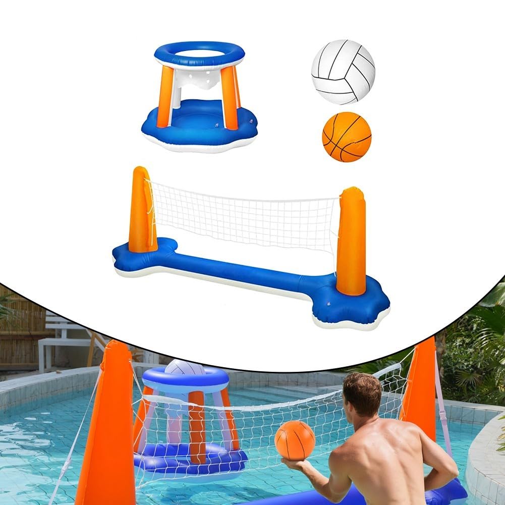 Aufblasbare Badeinsel Volleyball Netz Basketball Korb Wasserspielzeug Pool Party Schwimmendes Spielzeug 120x38x30 Zoll