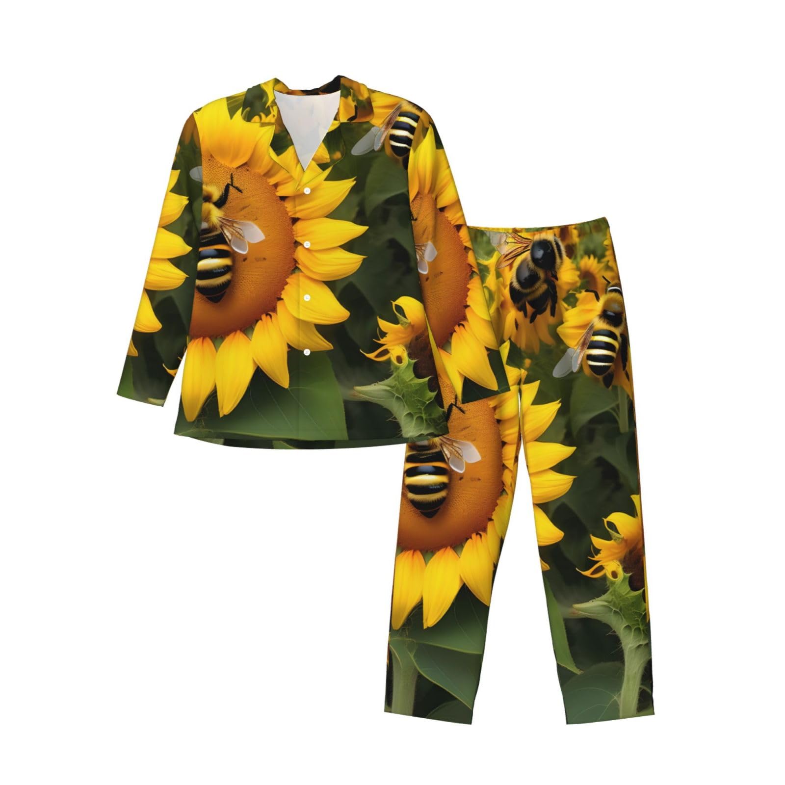Conjunto de pijama de manga larga para hombre con estampado de abejas de girasol, ropa de dormir transpirable y cómoda