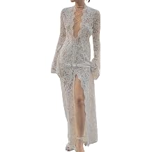 BOLLEY JOSS Womens Floral Lace Maxi Dress Mesh See Through Sheer Dress Sexy Plunge V Neck Beach Cover ups Long Sleeve Dresses