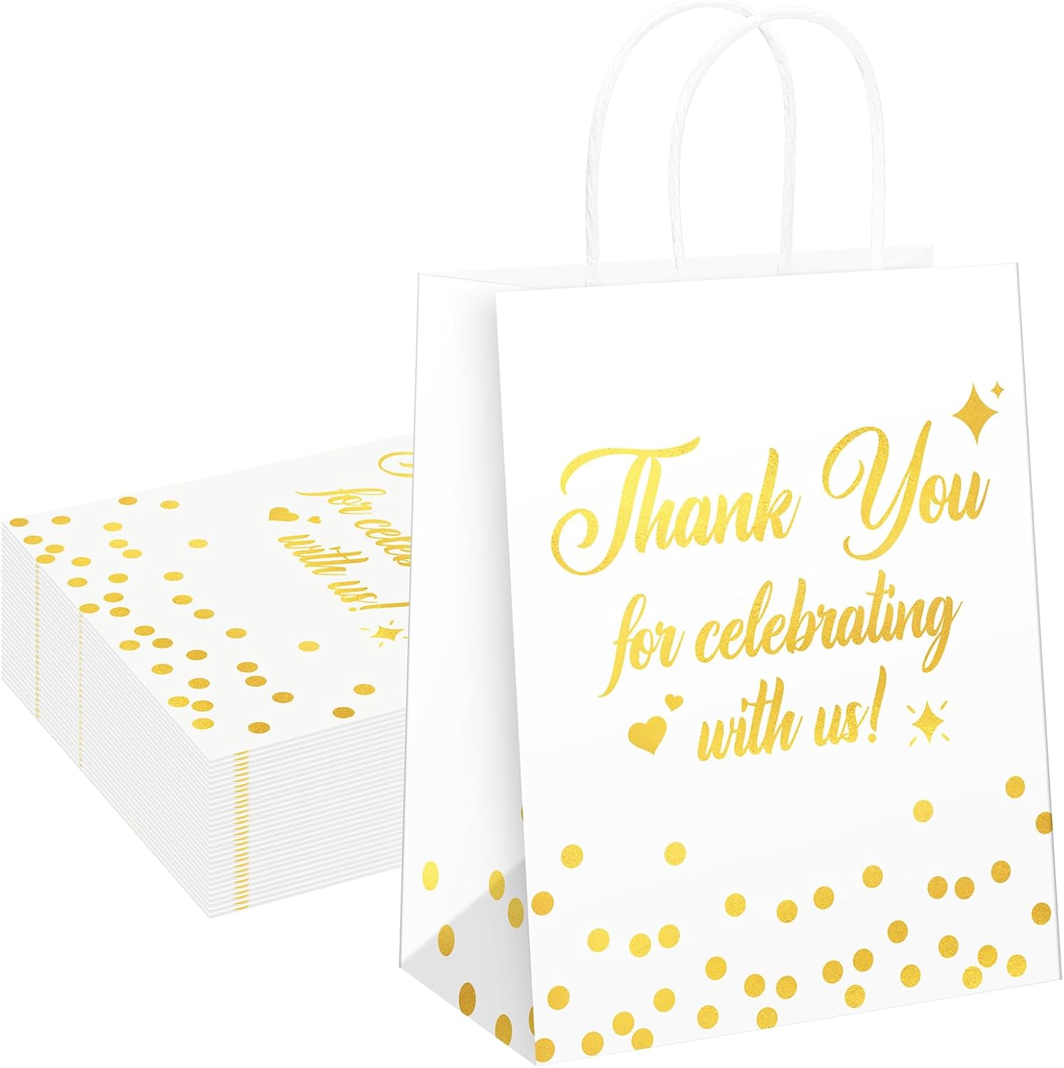 QIELSER 30 Pack Thank You Gift Bags, White and Gold Wedding Gift Bags for Guests, 8 x 4.75 x 10 in Thickened Kraft Paper Bags with Handles, Wedding Welcome Bags for Parties, Showers & Events