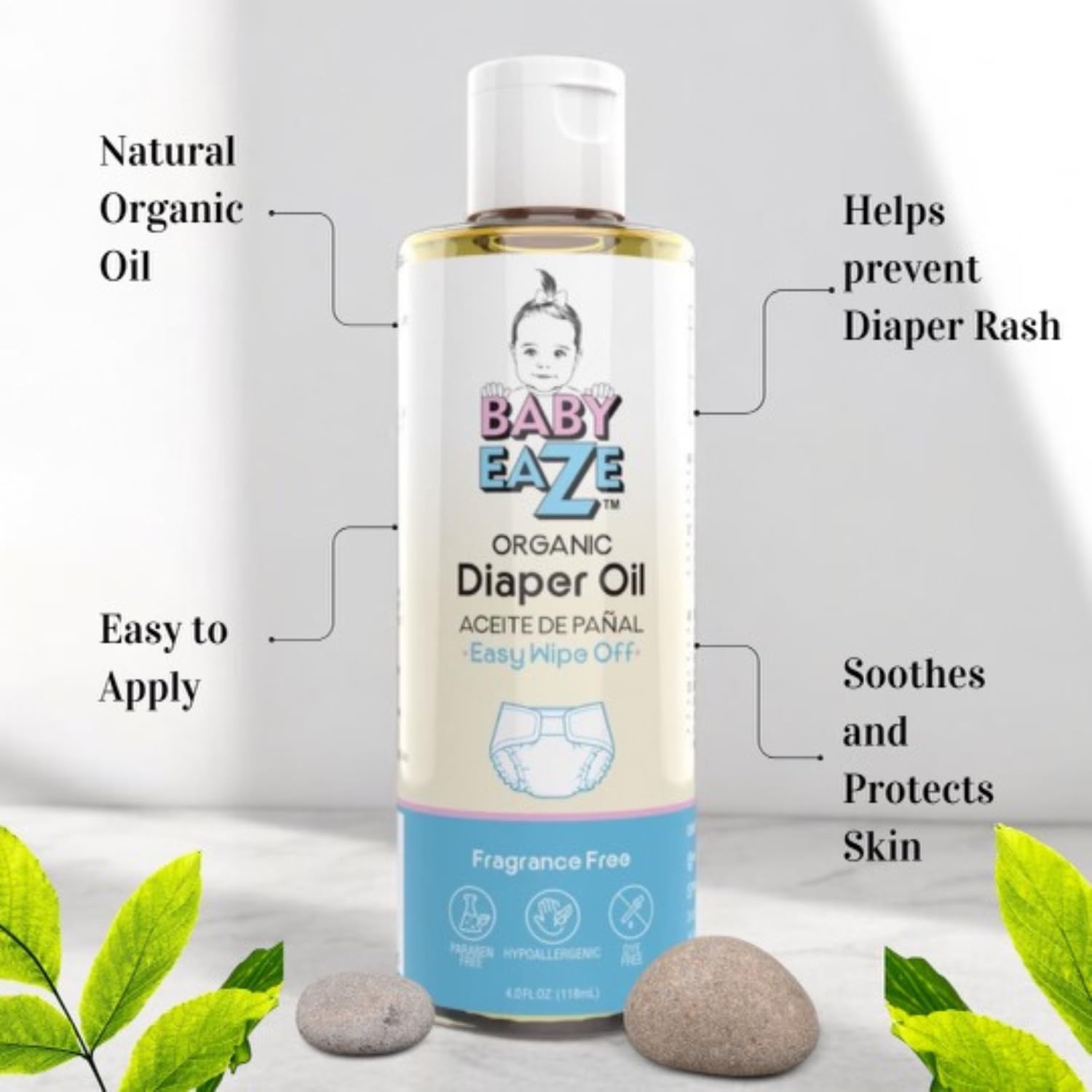 Organic Baby Diaper Oil - Gentle, Mess-Free Alternative to Rash Creams & Sprays, Hands-Free Use, Unscented