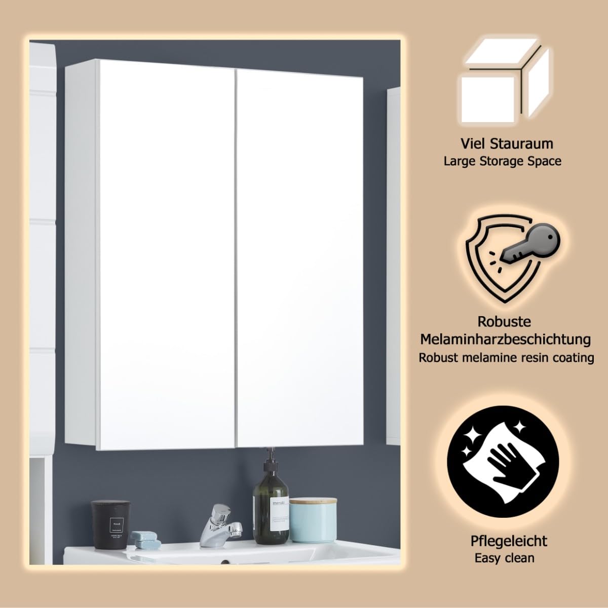 trendteam smart living - Line - Spiegelschrank - Weiß - Badspiegel modern mit vollständiger Spiegelfront - (BxHxT) 60 x 67 x 18 cm - 3 Fächer und 2 Einlegeböden