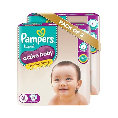 Pampers Active Baby Taped Diapers, Medium size diapers, (MD) 62 count(6-11Kg), taped style custom fit (Pack of 2)