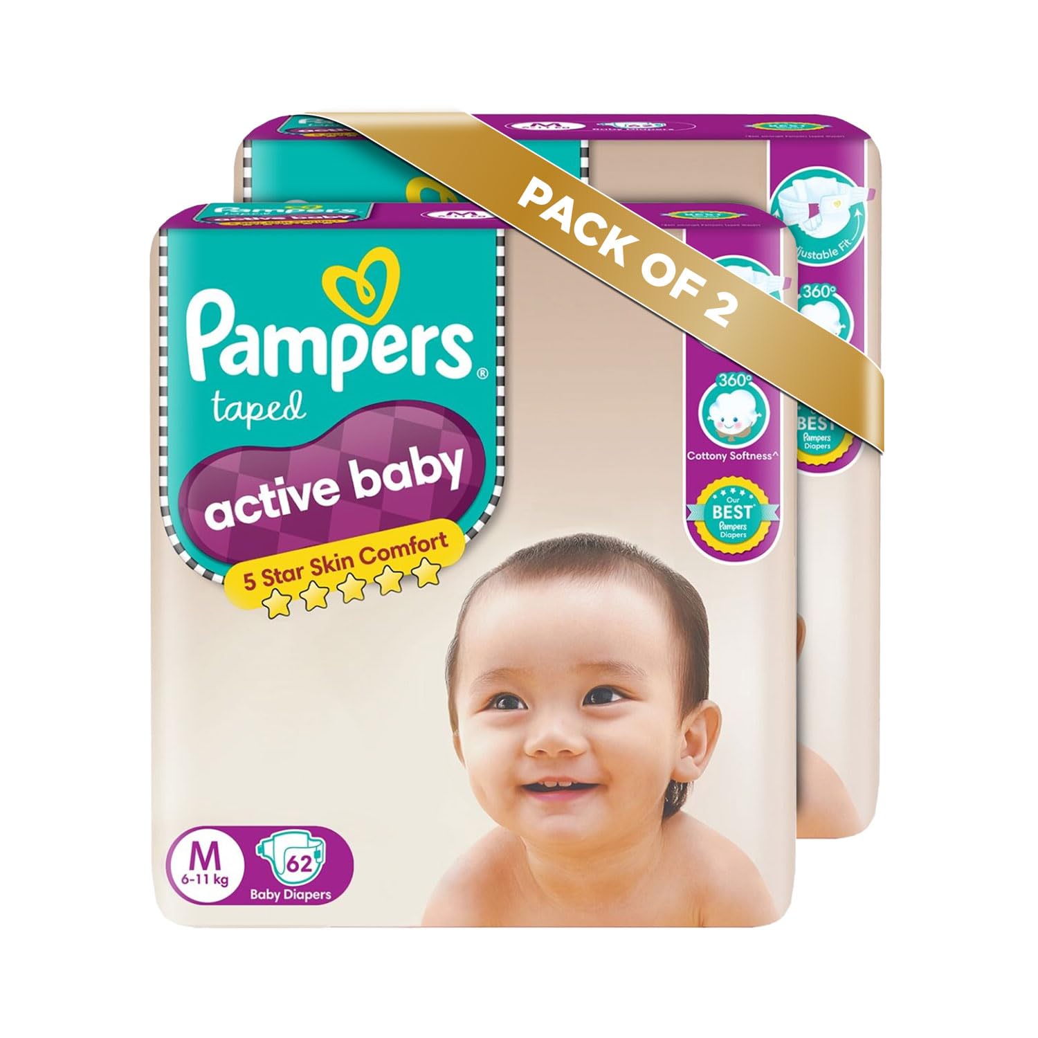 Pampers Active Baby Taped Diapers, Medium size diapers, (MD) 62 count(6-11Kg), taped style custom fit (Pack of 2)-image-38