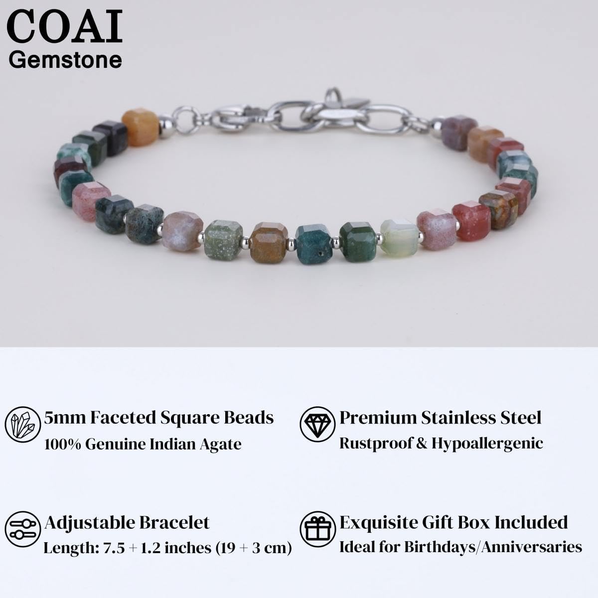 COAI Beaded Bracelet for Men, Cube Crystal Gemstone Bracelet for Men, 5MM Onyx/Indian Agate/Labradorite/Picture Jasper - Image 3