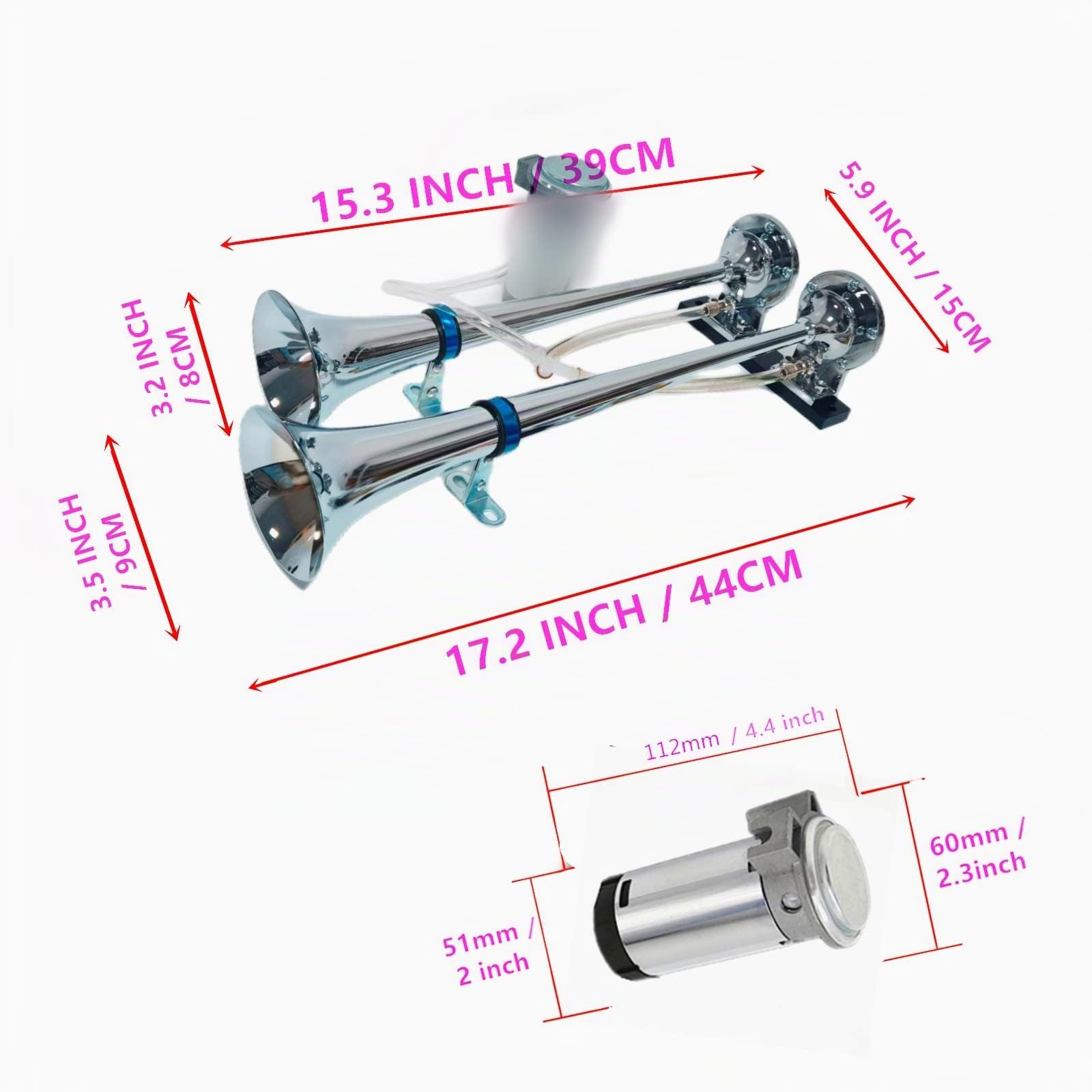 Klaxon de voiture 170 dB - 24 V - Zinc chromé - Argenté - Pompe à air - Compresseur - Double tube - Pour voiture, train, bateau