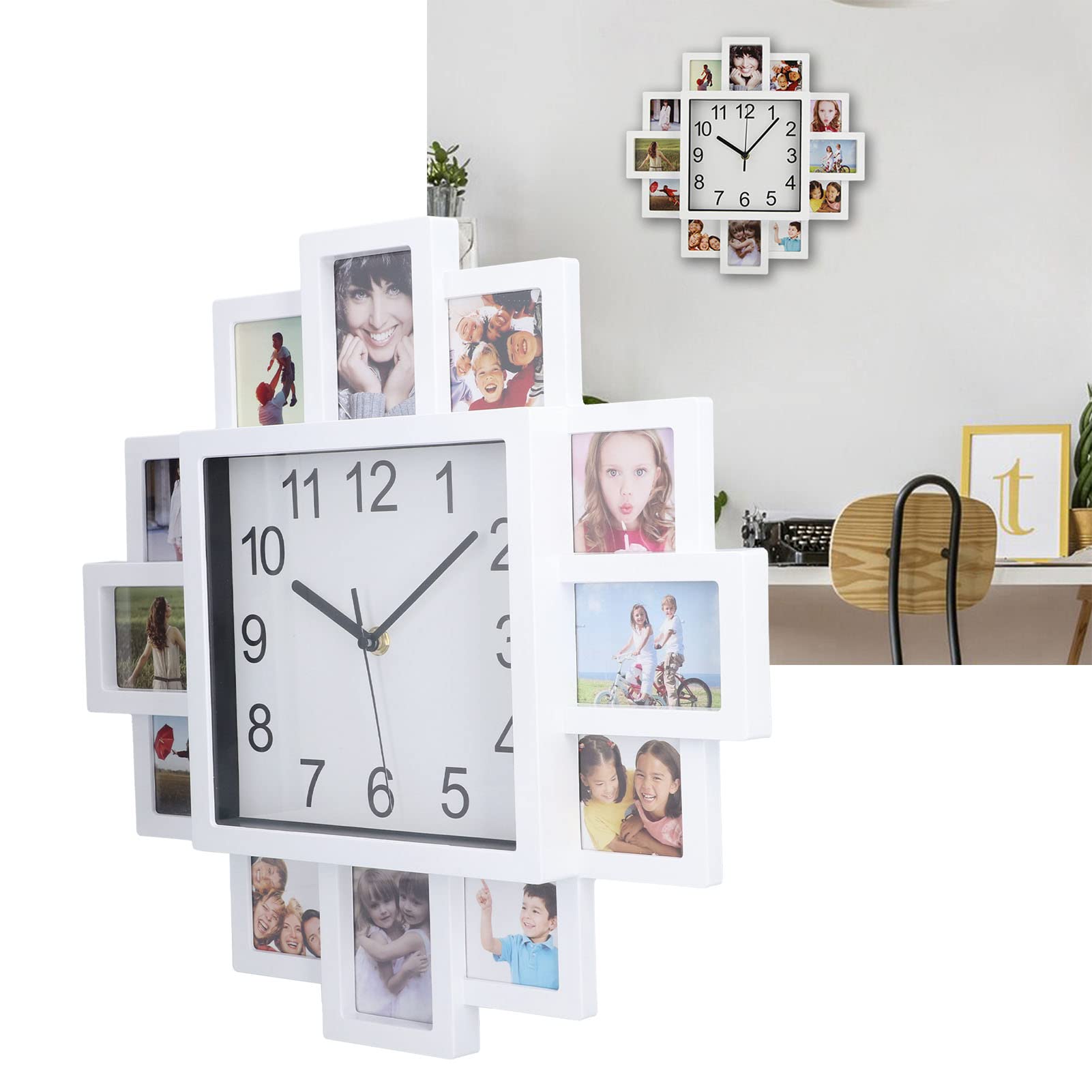 Reloj de Pared con Marco de Fotos Blanco de 15.35 Pulgadas, Reloj Personalizado con Varias Fotos, Reloj de Bricolaje, Decoración Moderna, Cita Familiar, Pegatinas de Pared, Kit de Reloj, Decoración Mo